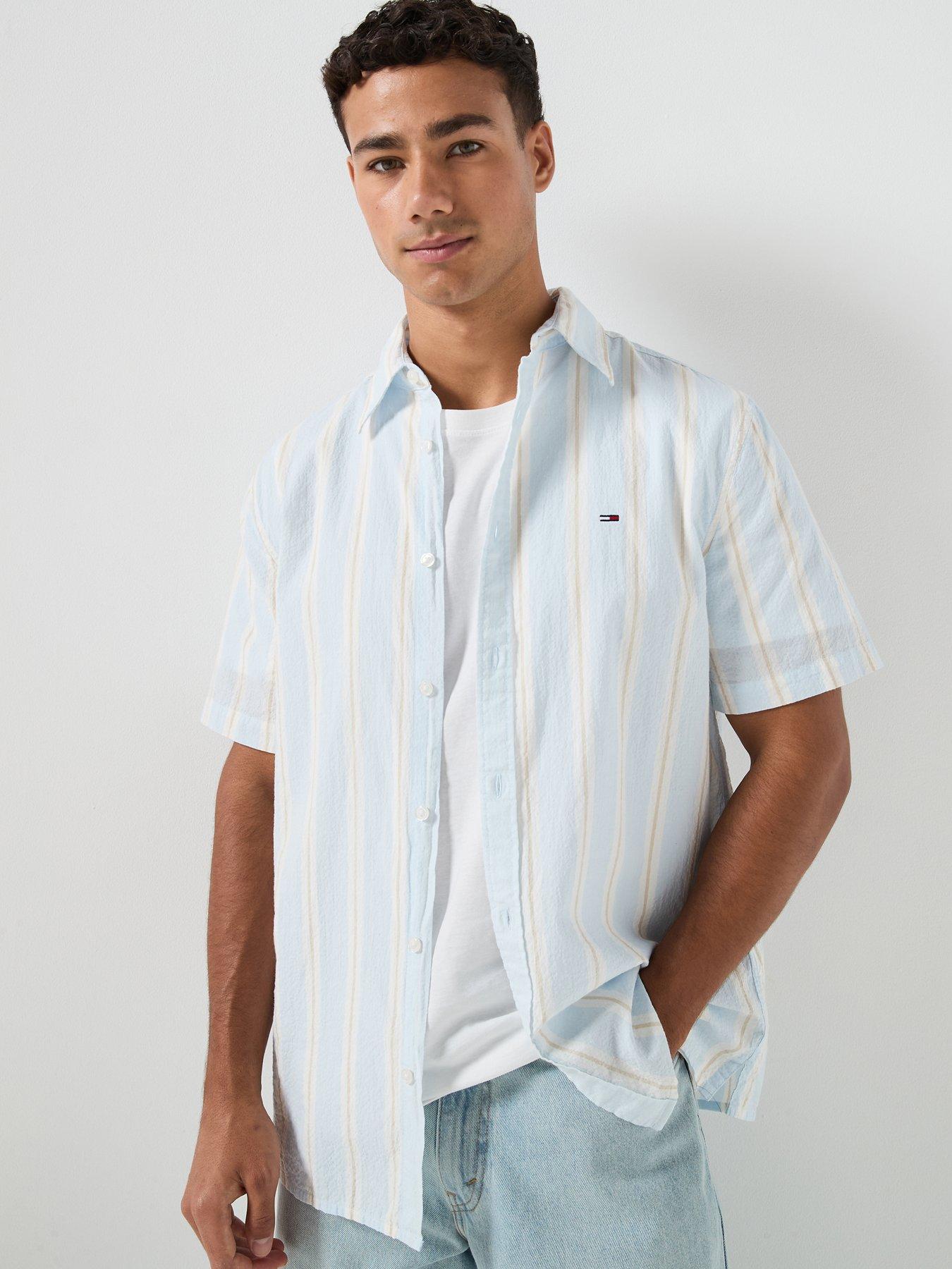 Tommy Jeans Regular Fit Seersucker Striped Shirt, Light Blue, Size Xl, Men