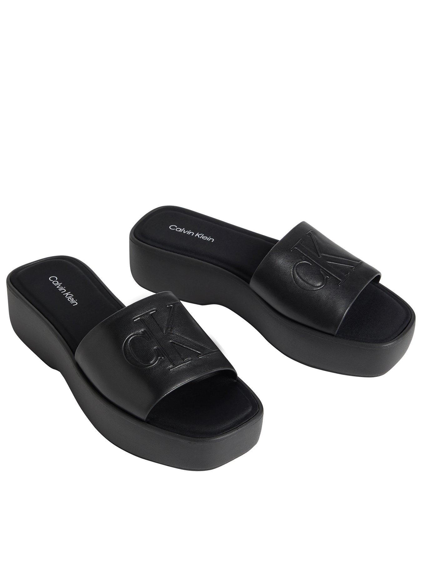 Calvin Klein Flat Sandals with Monogram, Black, Size 39, Women
