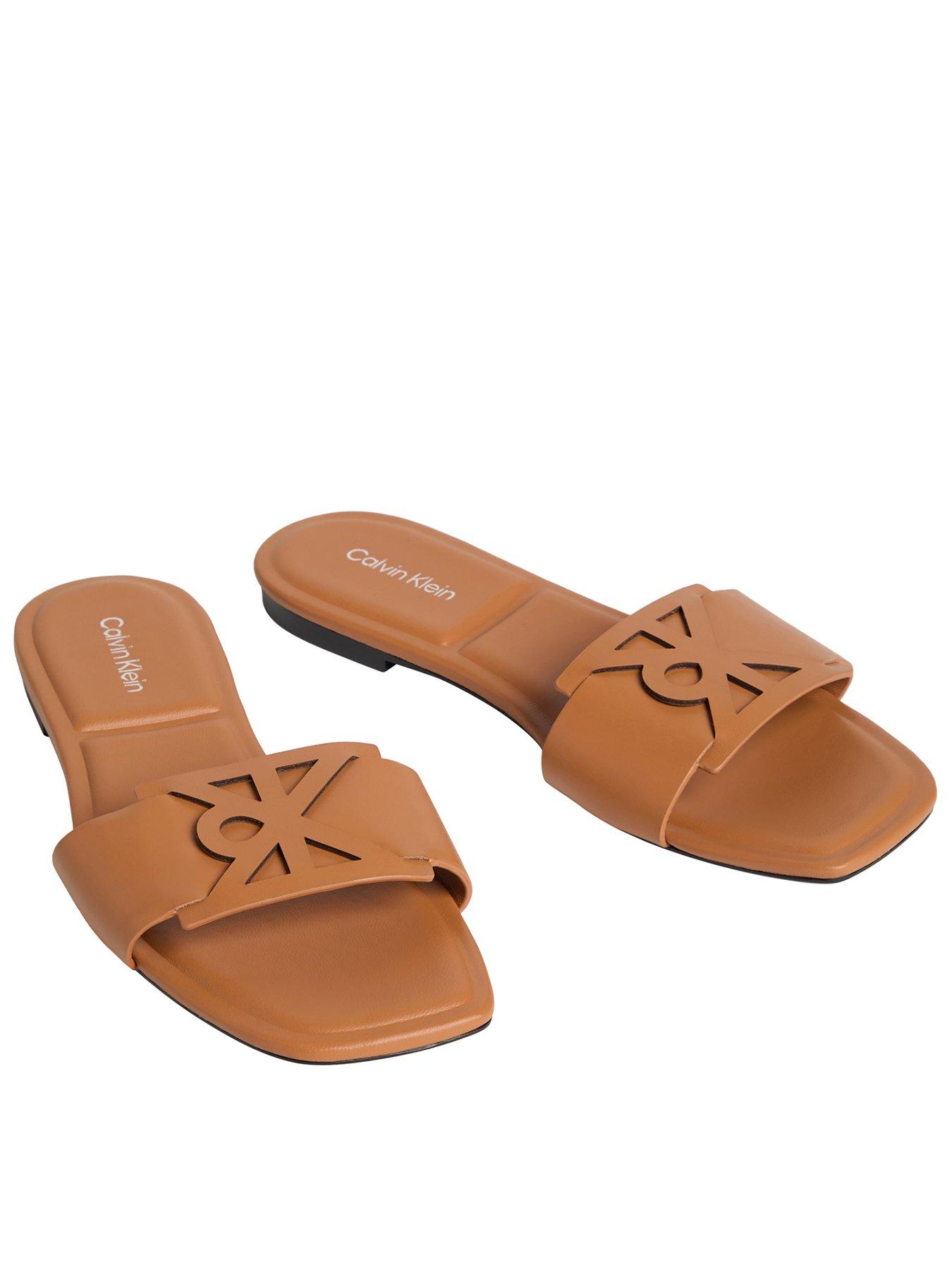 Calvin Klein Square Flat Sandal Emblem, Beige, Size 38, Women