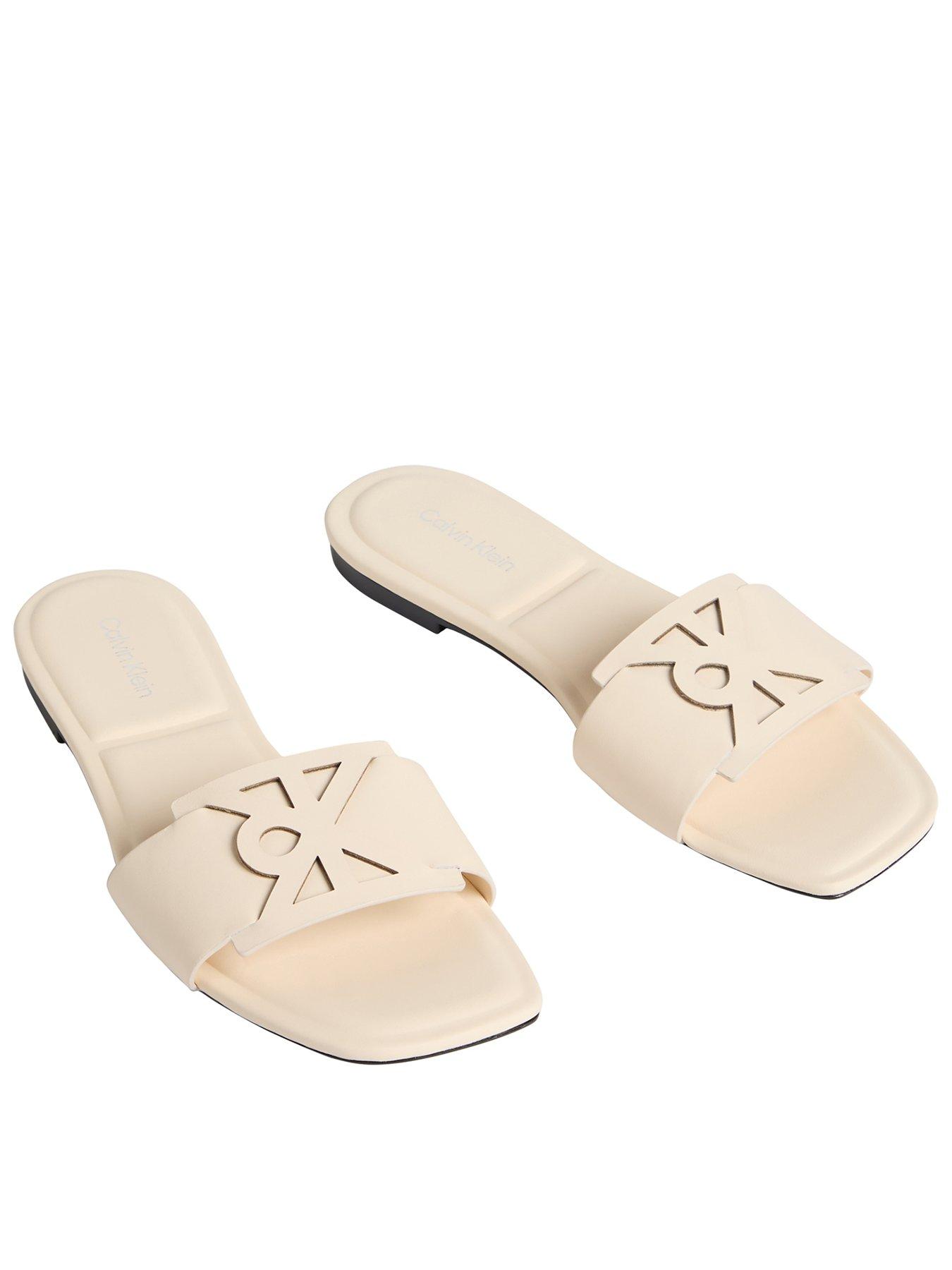 Calvin Klein Square Flat Sandal Emblem, Beige, Size 38, Women