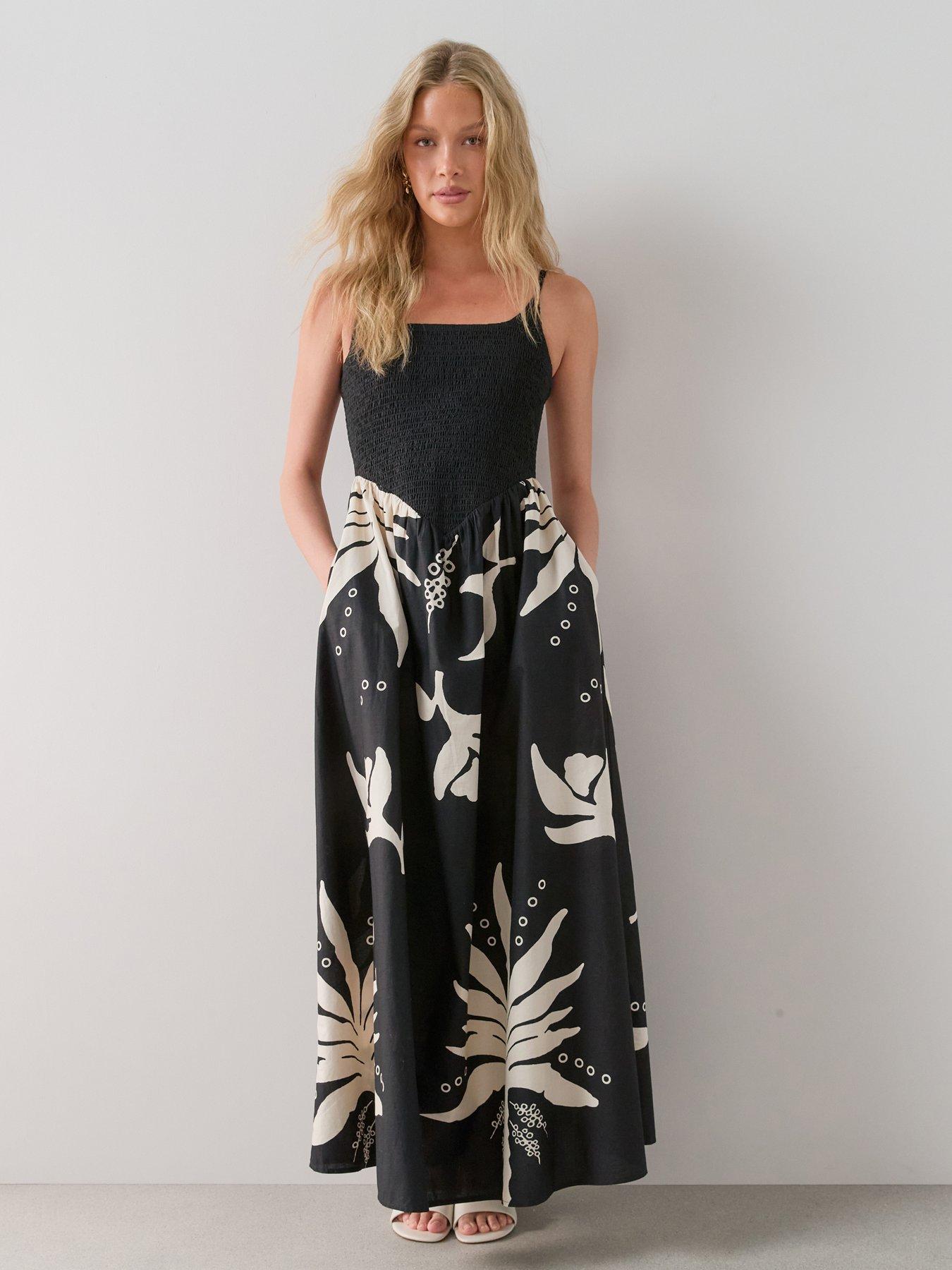 Image 1 of 7 of The Very Collection Shirred Bodice Strappy Midaxi Dress - Black