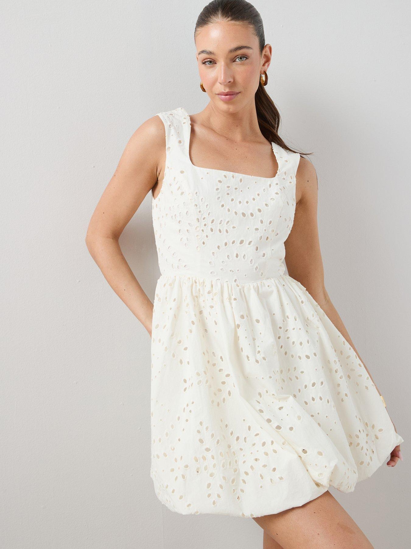 The Very Collection Broderie Square Neck Puffball Mini Dress - White