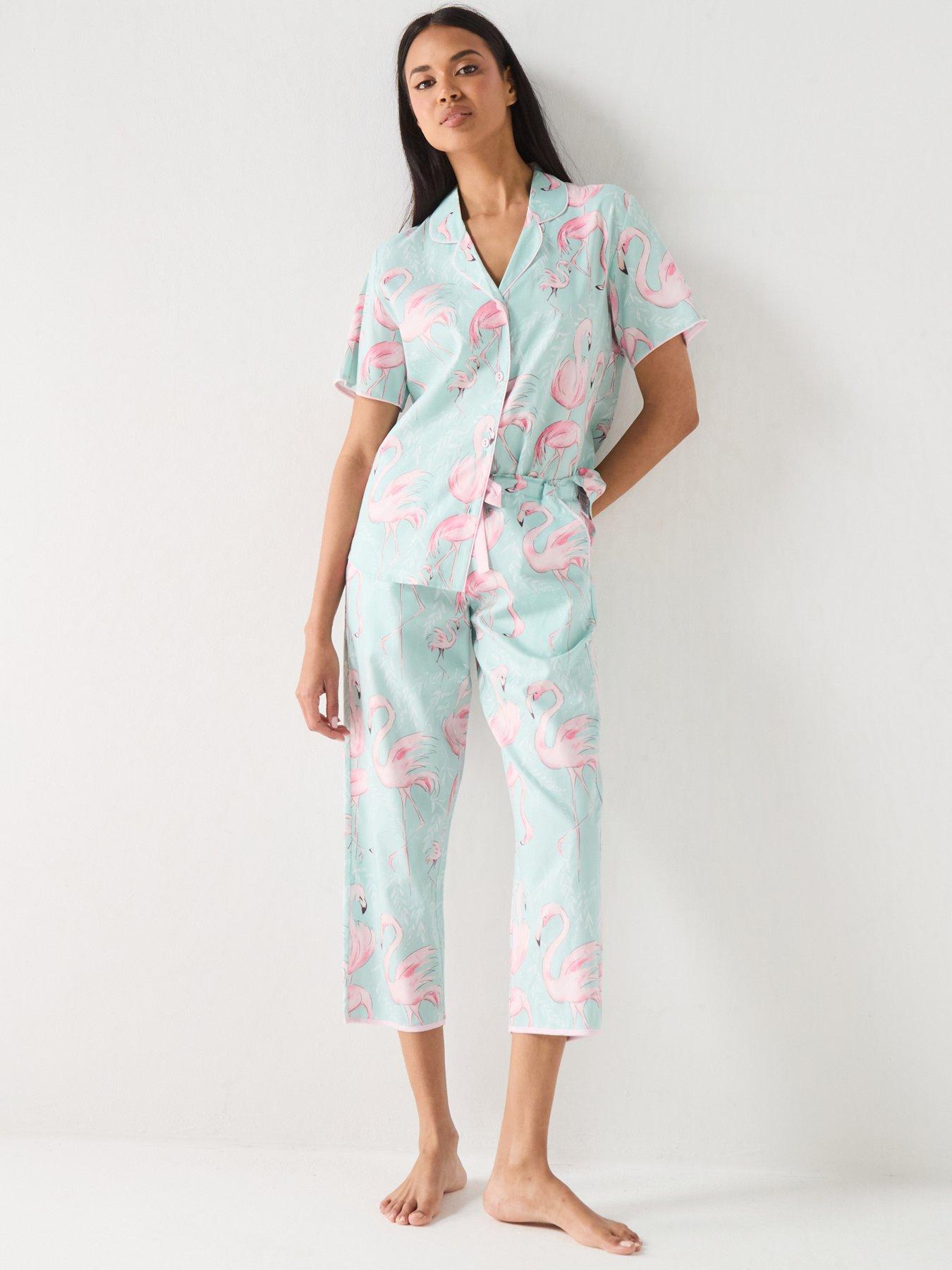Cyberjammies Francesca Mint Flamingo Print Short Sleeve Top & Cropped Pyjama Set - Mint