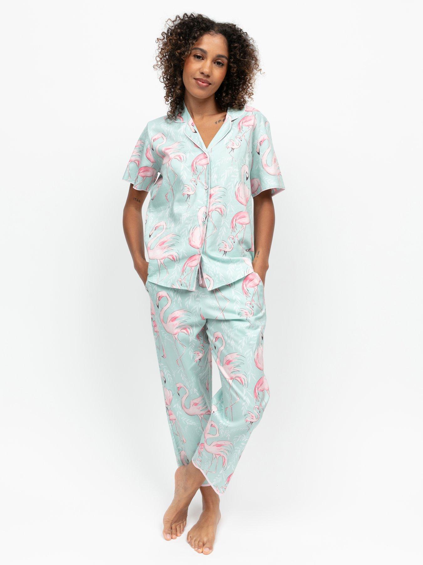 Cyberjammies Francesca Mint Flamingo Print Short Sleeve Top  &  Cropped Pyjama Set - Mint
