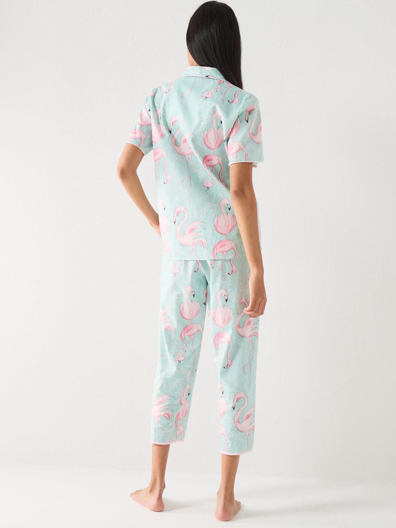 Image 2 of 6 of Cyberjammies Francesca Mint Flamingo Print Short Sleeve Top &amp; Cropped Pyjama Set - Mint