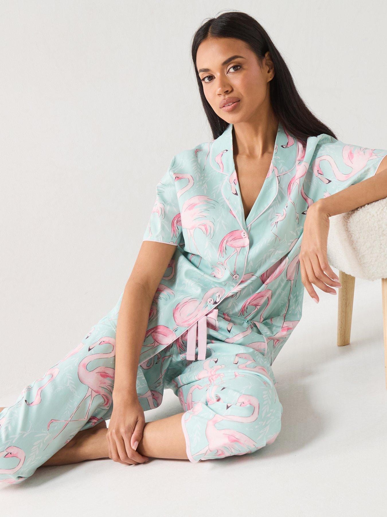 Image 3 of 6 of Cyberjammies Francesca Mint Flamingo Print Short Sleeve Top &amp; Cropped Pyjama Set - Mint