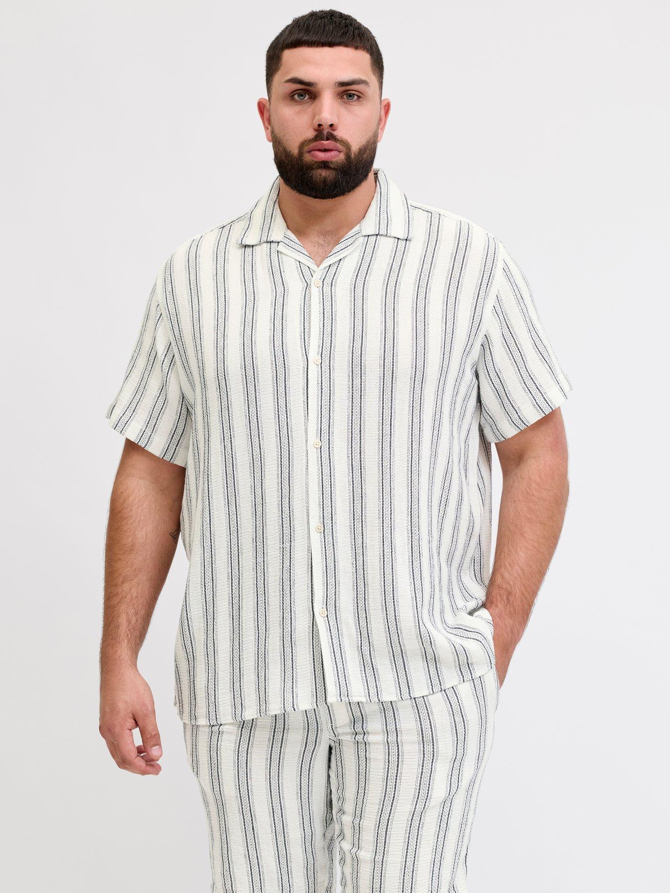 Image 1 of 7 of Jack & Jones Plus Coba Stripe Short Sleeve Resort Shirt - White