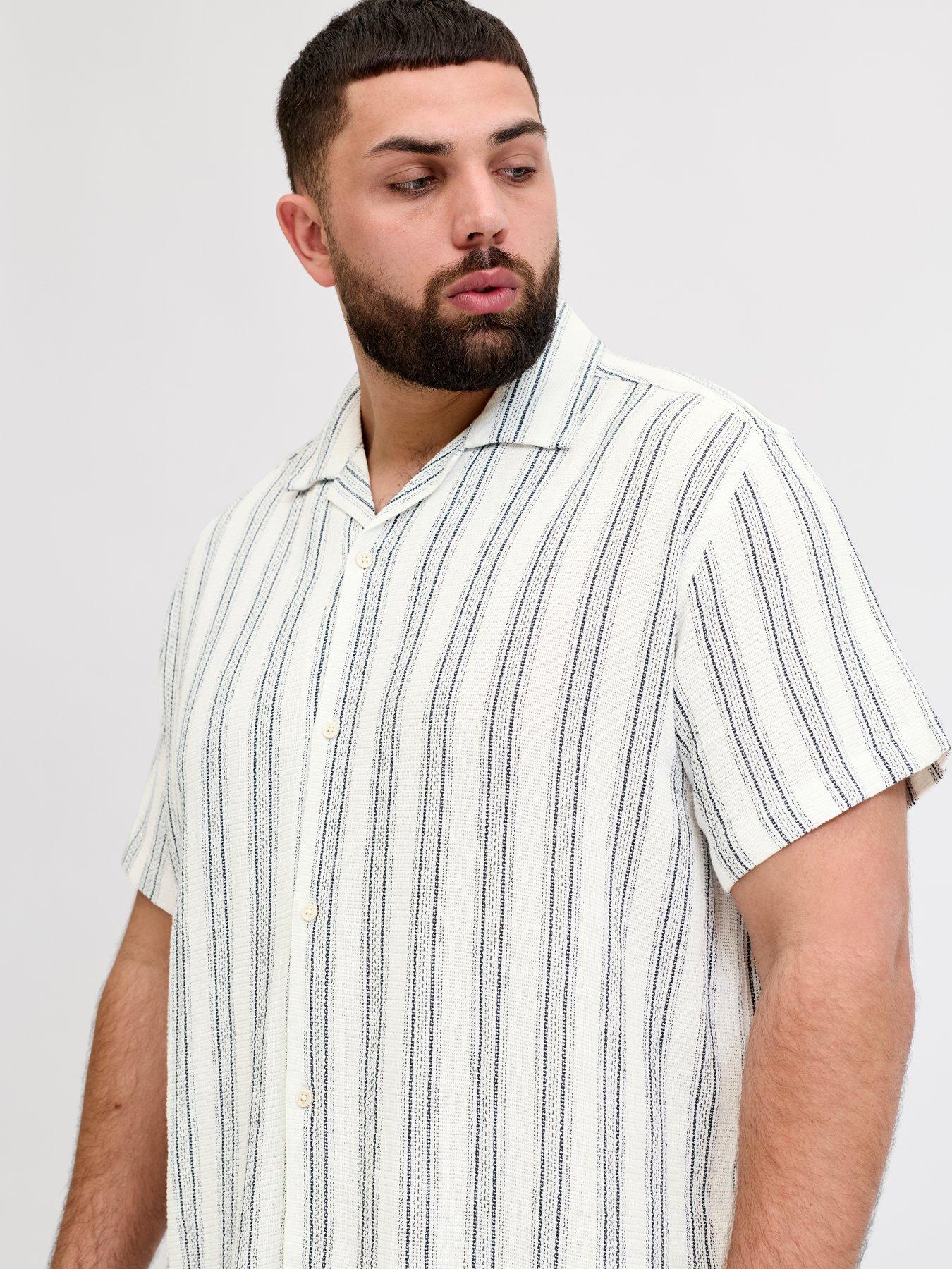 Image 3 of 7 of Jack & Jones Plus Coba Stripe Short Sleeve Resort Shirt - White