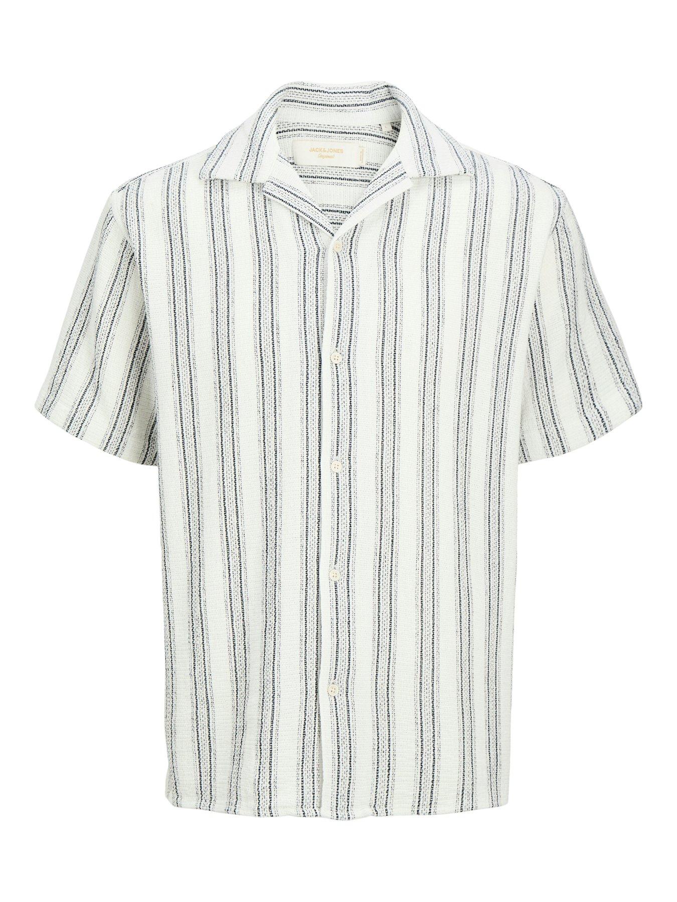 Image 7 of 7 of Jack & Jones Plus Coba Stripe Short Sleeve Resort Shirt - White