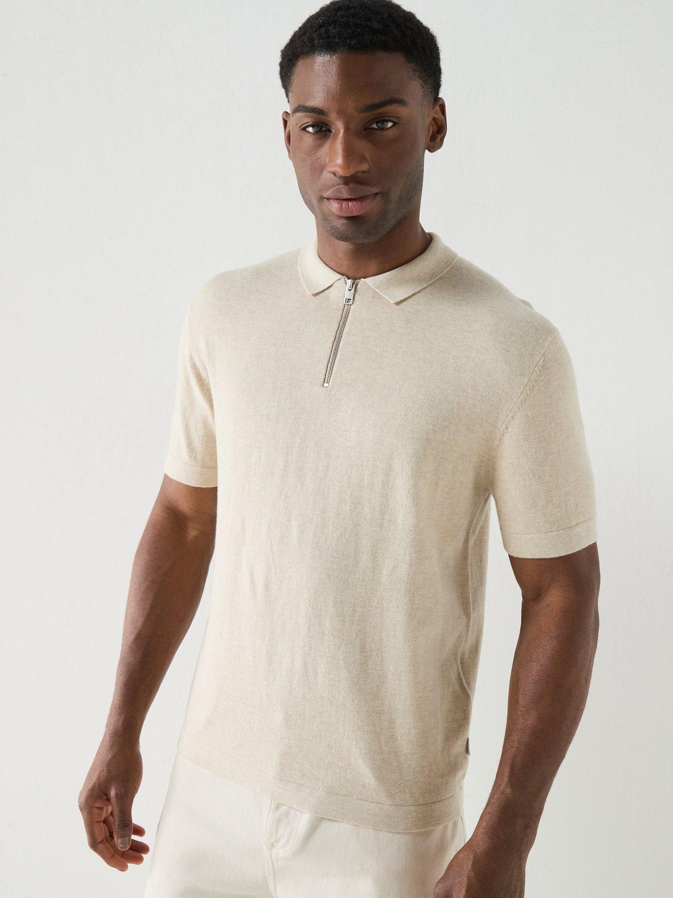 Jack & Jones Emil Zip Through Short Sleeve Knitted Polo Top, Oatmeal, Size L, Men