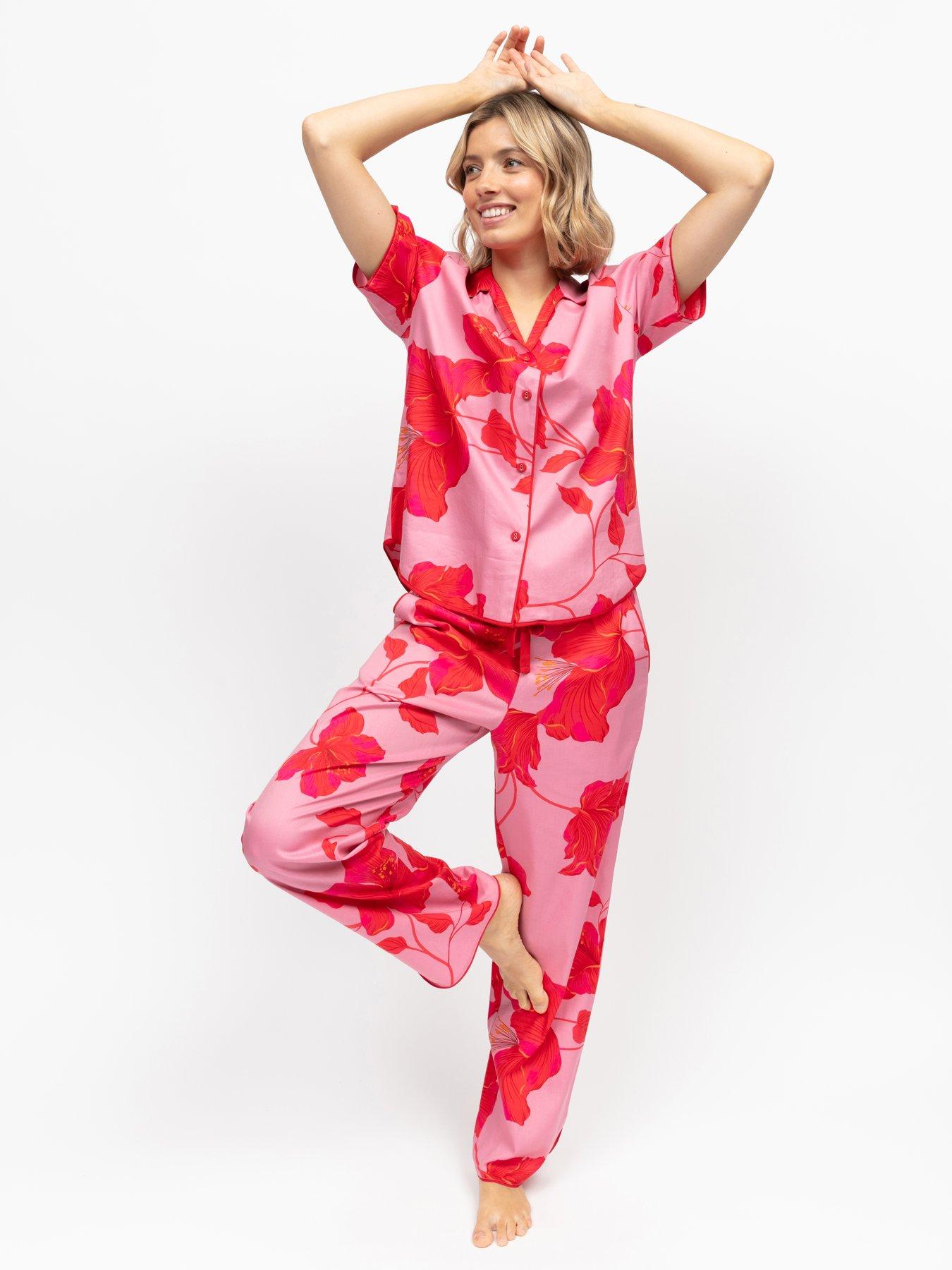 Cyberjammies Pippa Pink Floral Print Short Sleeve Pyjama Set, Pink, Size 8, Women