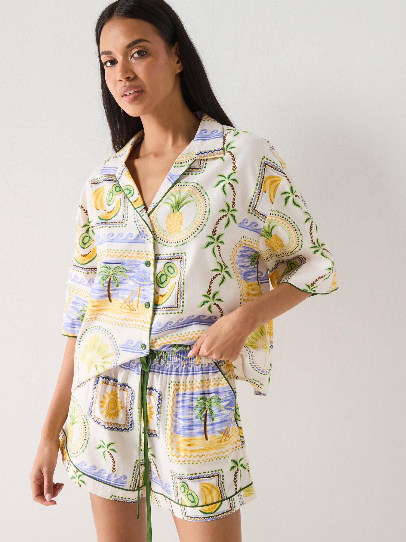 Cyberjammies Cora Green Postcard Print 3/4th Sleeve Shorty Set - Green