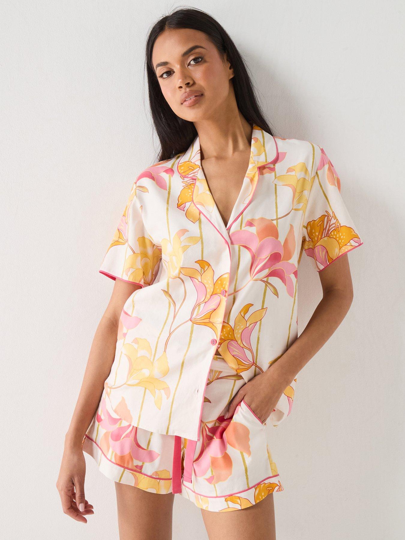 Cyberjammies Amelia Coral Pink Floral Short Sleeve Shorts Pyjama Set - Coral