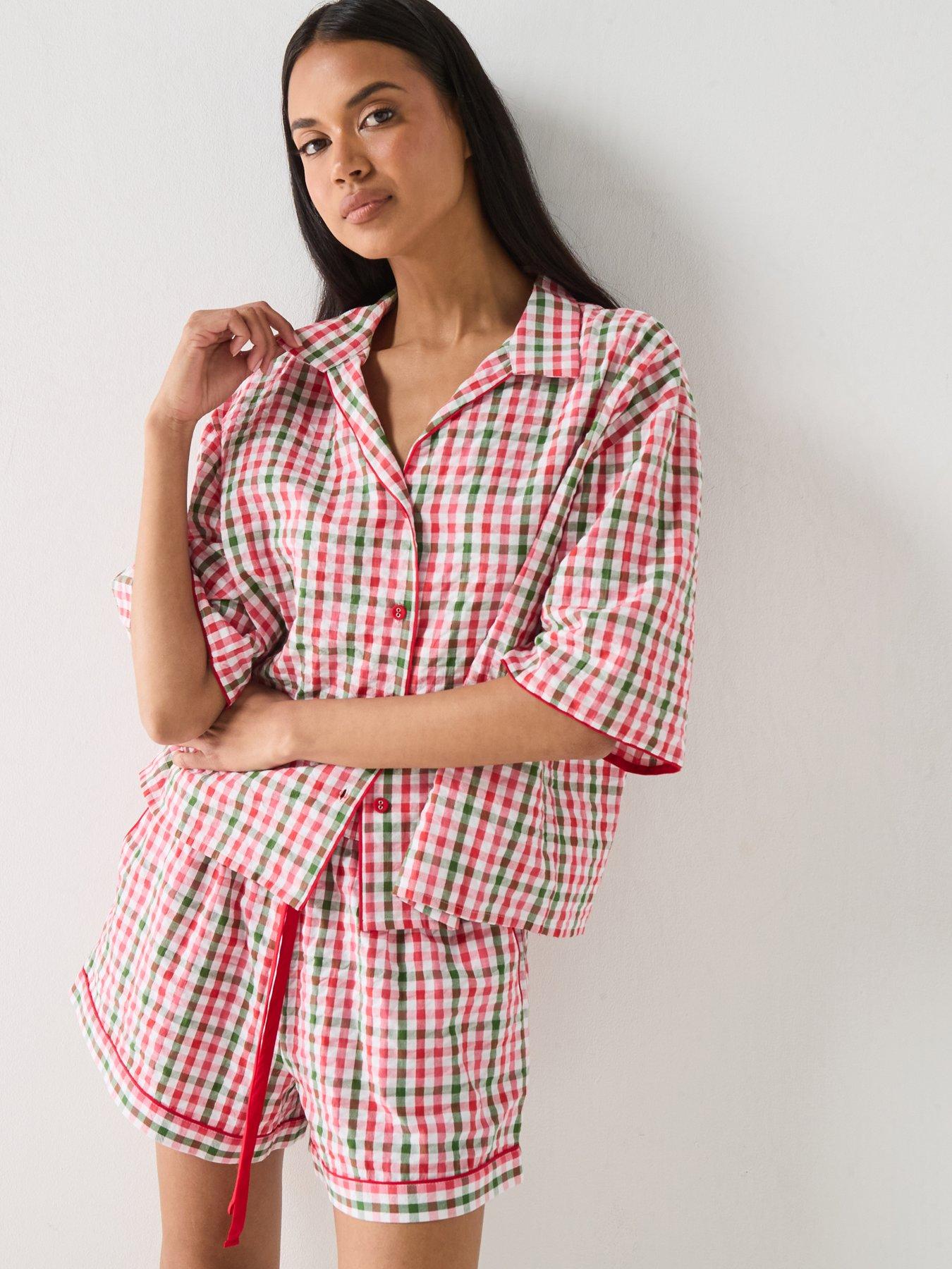 Cyberjammies Tara Red Seersucker Check Relaxed 3/4th Sleeve Shorty Set - Red