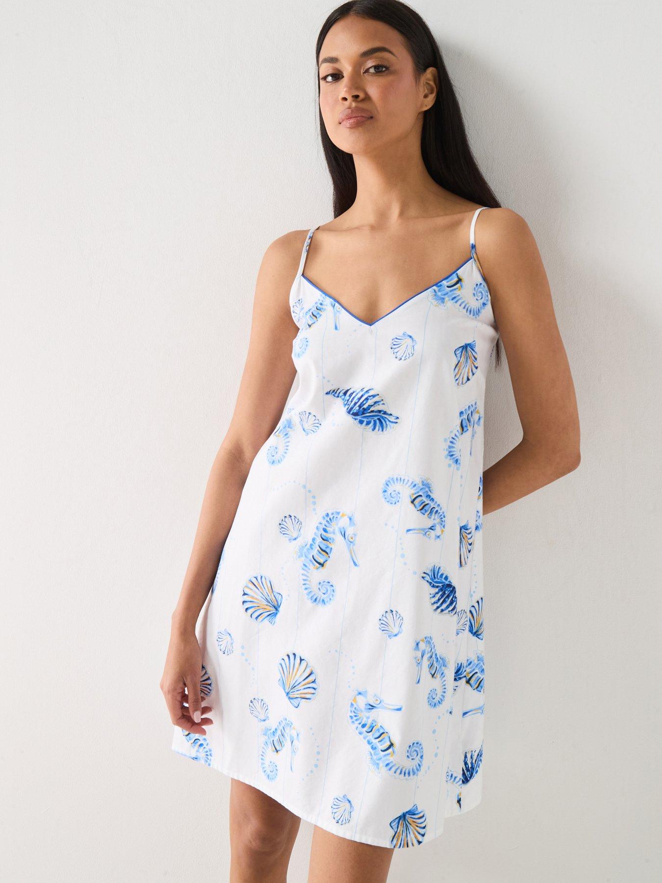 Cyberjammies Essie Dark Blue Sea Horse Stripe Print Strappy Short Nightdress - Blue