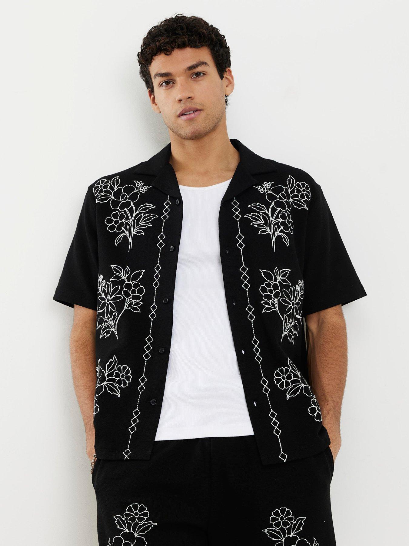 River Island Short Sleeve Floral Border Embroidered Shirt, Black, Size S, Men