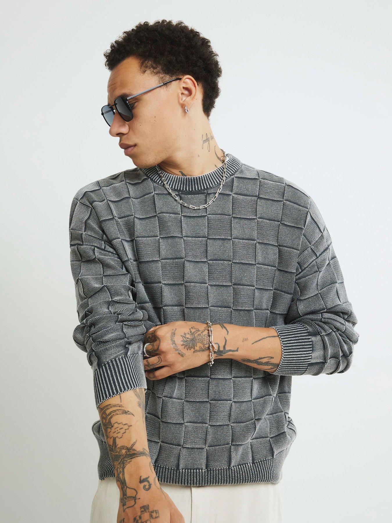 River Island Long Sleeve Washed Checkerboard Crew - Grey