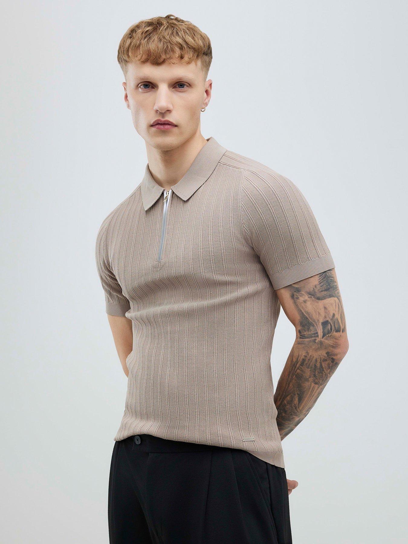 River Island Short Sleeve Ribbed Muscle Fit Polo Shirt - Beige