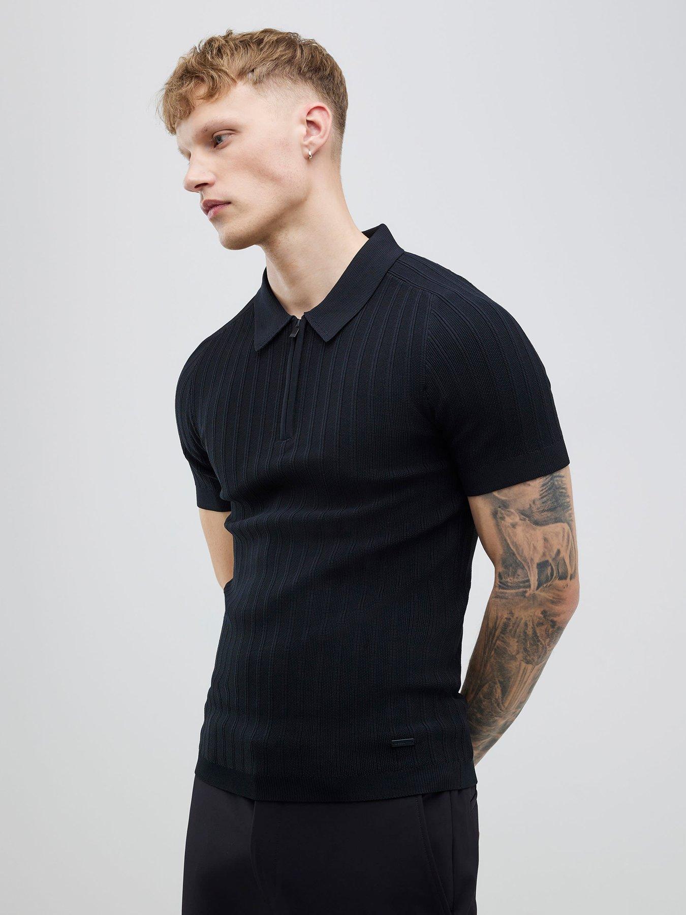 River Island Short Sleeve Ribbed Muscle Fit Polo Shirt - Black