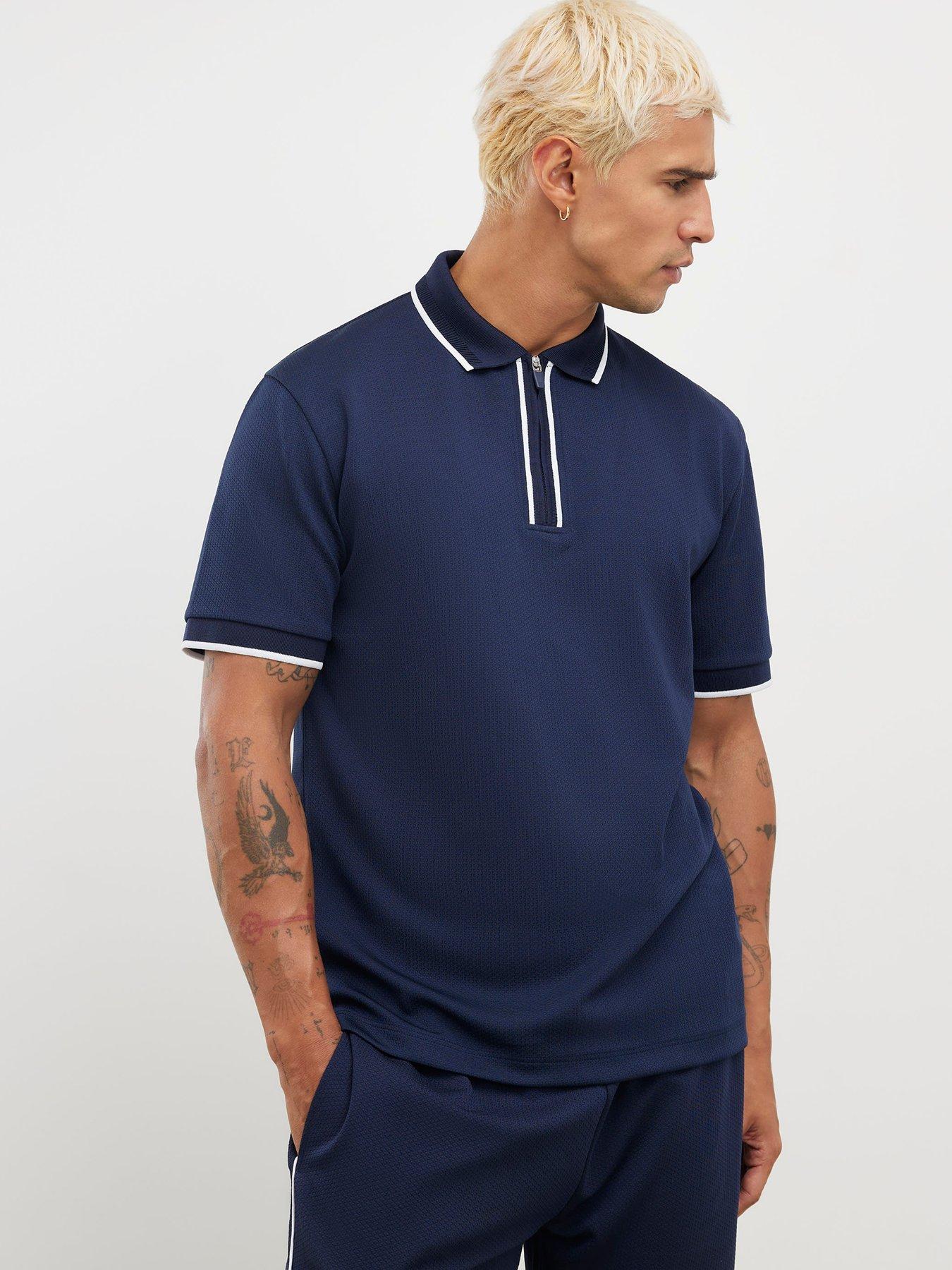 River Island Slim Racking Zip Polo Shirt, Navy, Size M, Men