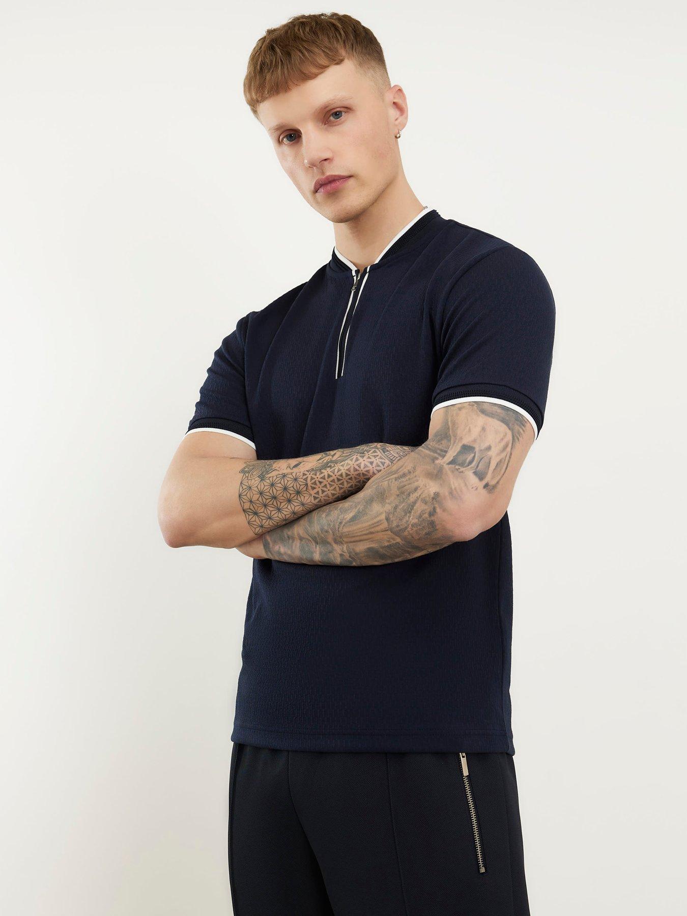 River Island Short Sleeve Slim Baseball Polo Shirt, Navy, Size L, Men