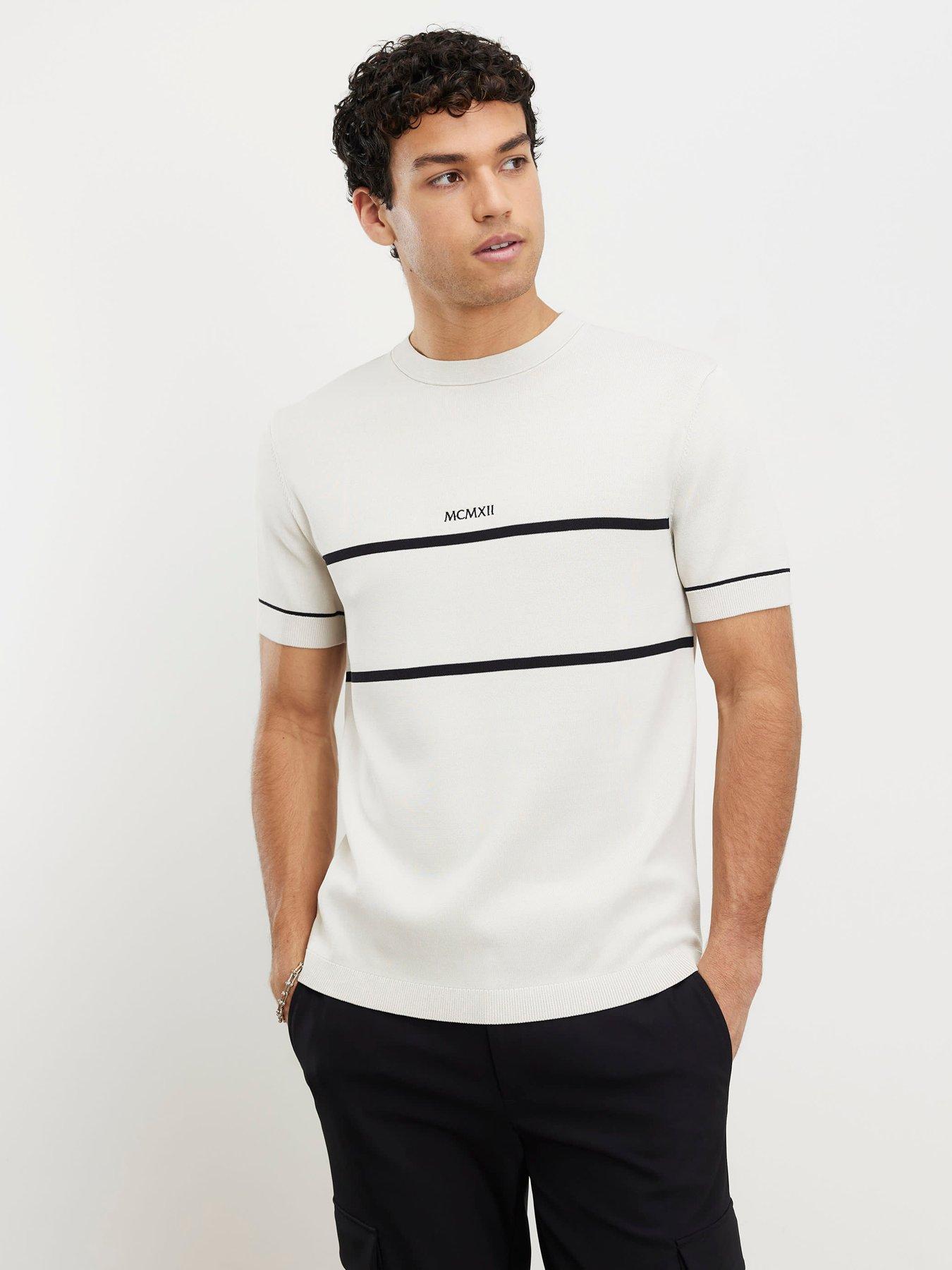River Island Slim Chest Blocked Knitted T-Shirt - Off White