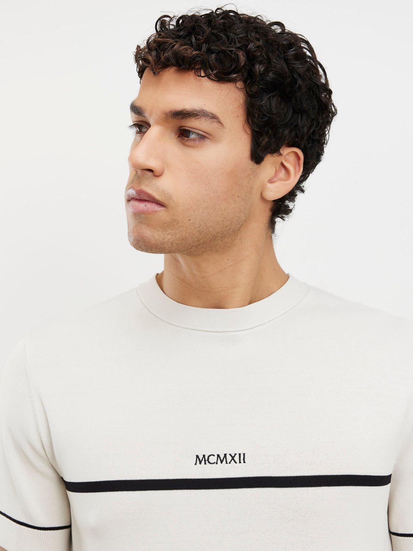 Image 4 of 6 of River Island Slim Chest Blocked Knitted T-Shirt - Off White