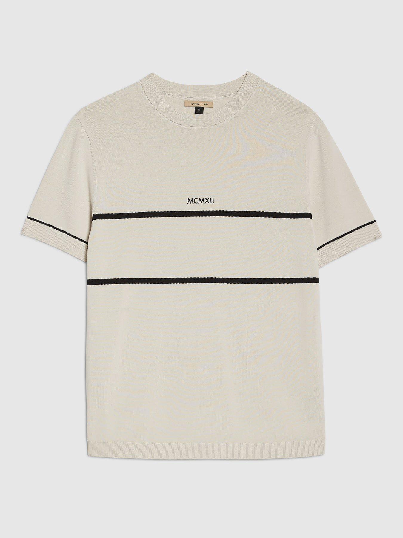 Image 5 of 6 of River Island Slim Chest Blocked Knitted T-Shirt - Off White
