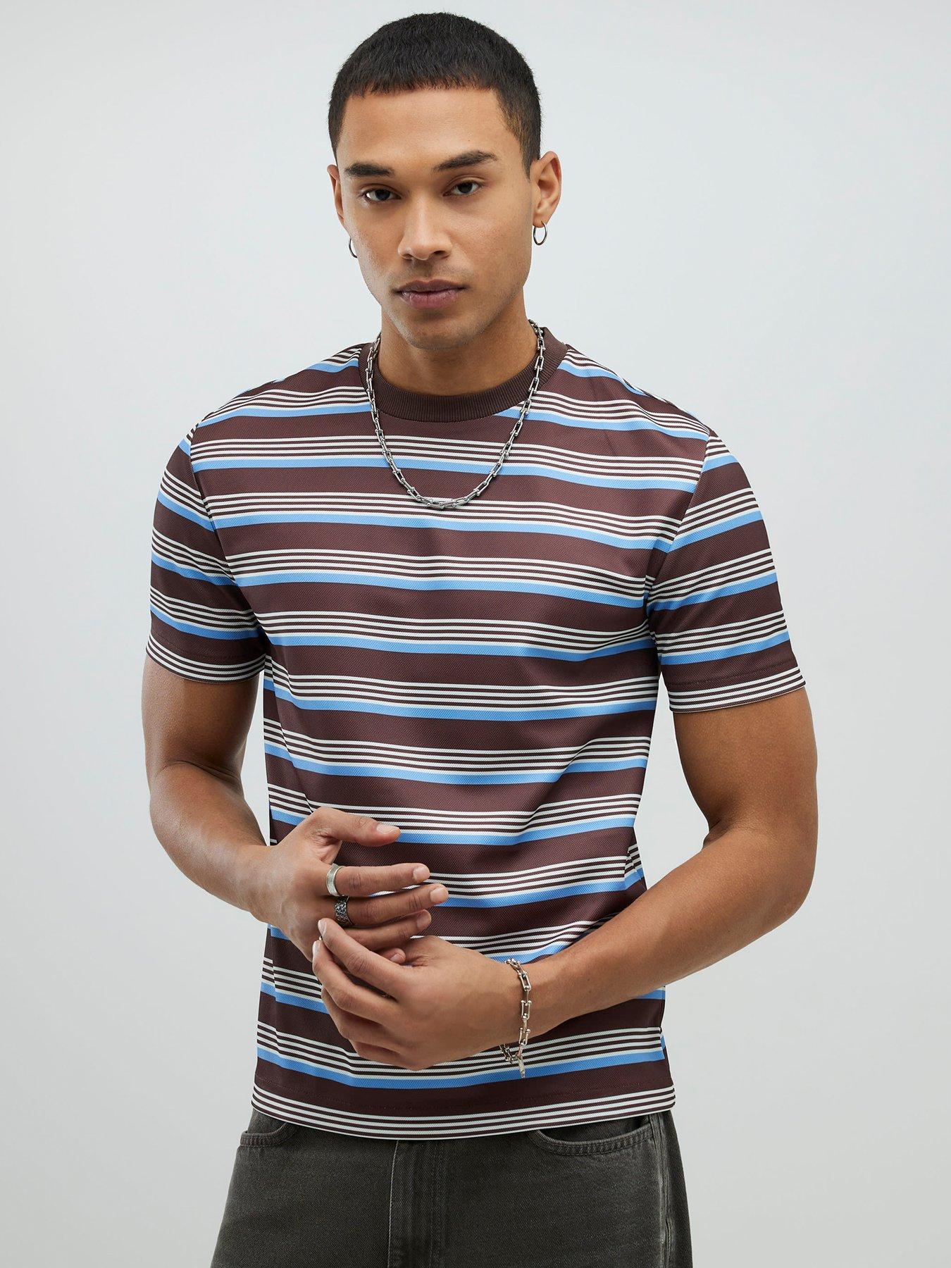 River Island Slim Pique Stripe Short Sleeve T-Shirt - Brown