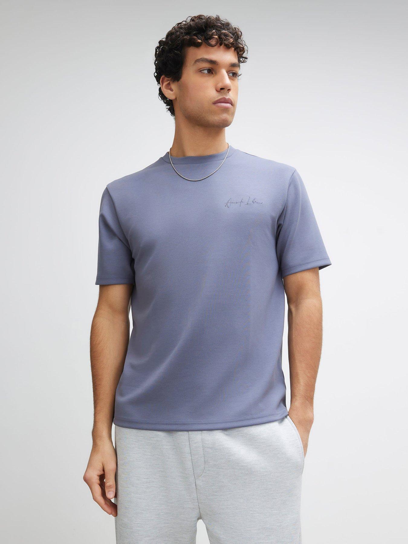 River Island Short Sleeve Slim Bonded Interlock T-Shirt, Blue, Size S, Men