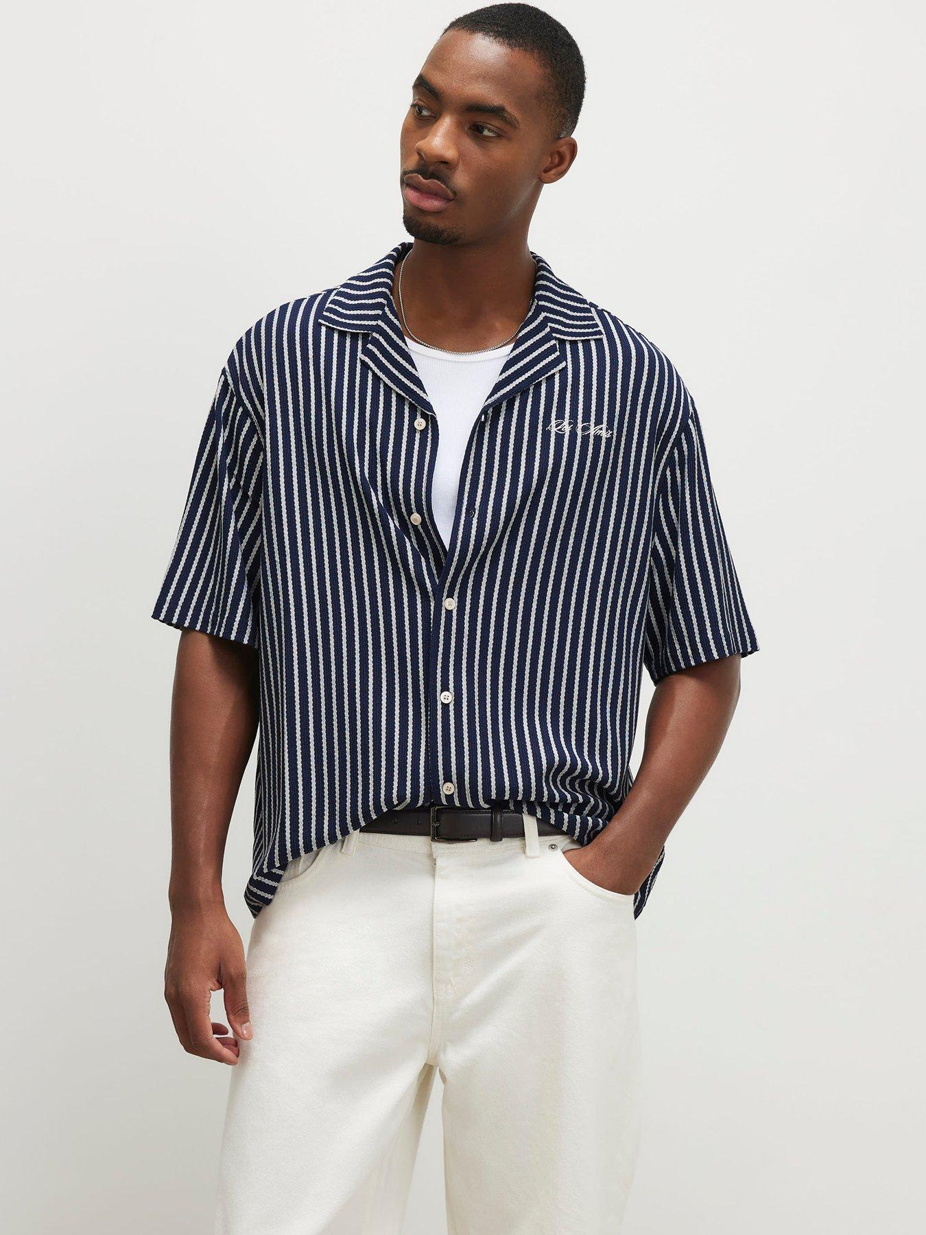 River Island Short Sleeve Reg Textured Stripe Shirt, Navy, Size L, Men