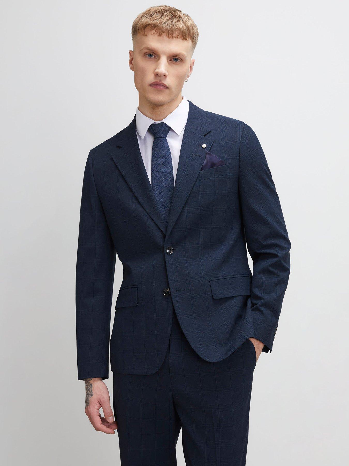River Island Check Slim Suit Jacket - Navy