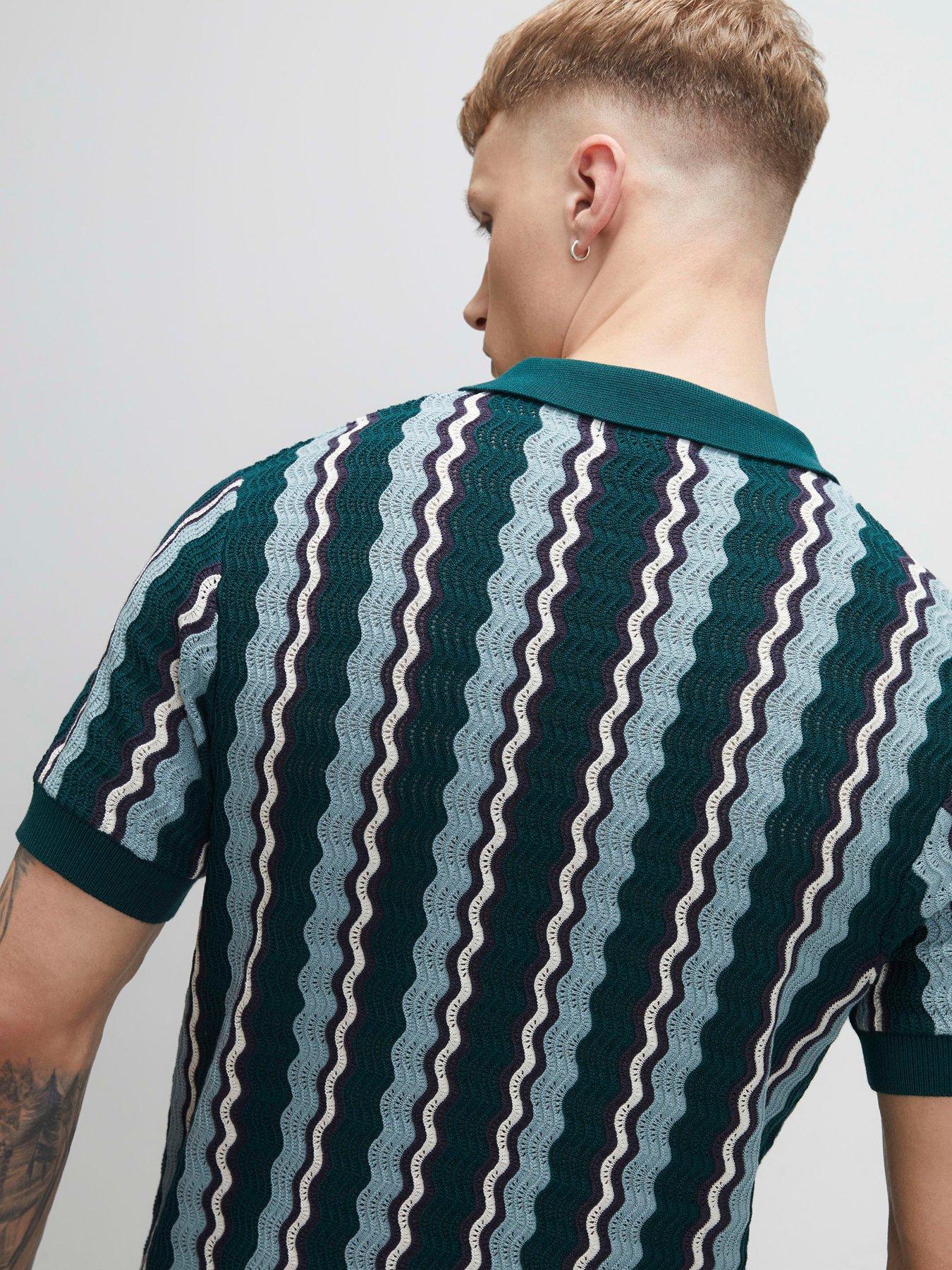 Image 2 of 6 of River Island Wavy Stripe Polo Shirt - Green