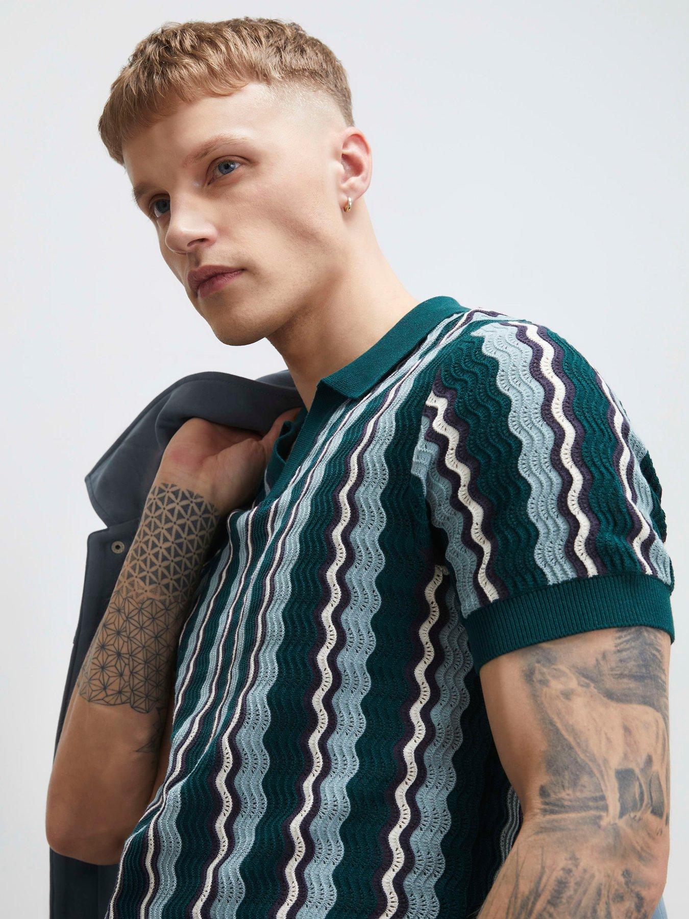 Image 4 of 6 of River Island Wavy Stripe Polo Shirt - Green