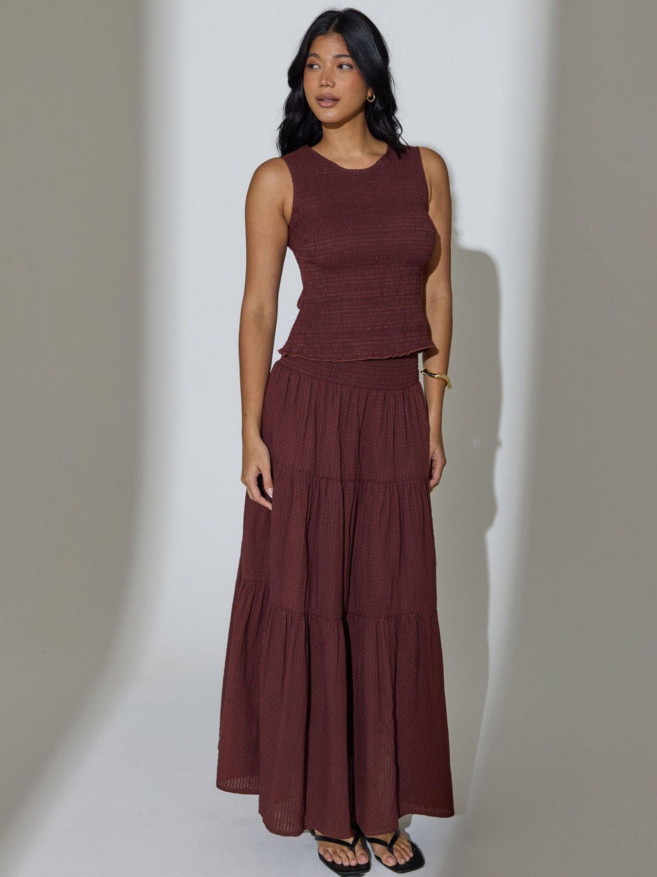 Image 1 of 4 of South Beach Shirred Waist Maxi Skirt - Brown