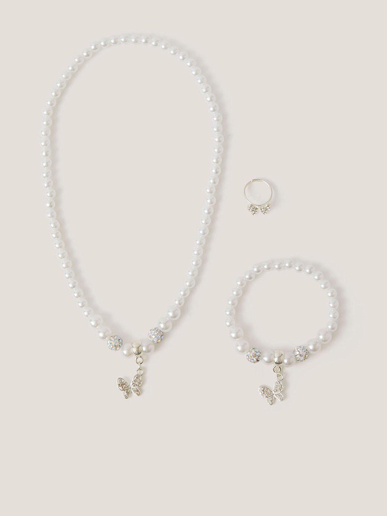 Monsoon Girls Bridesmaid Pearly Butterfly Jewellery Set - Light Cream