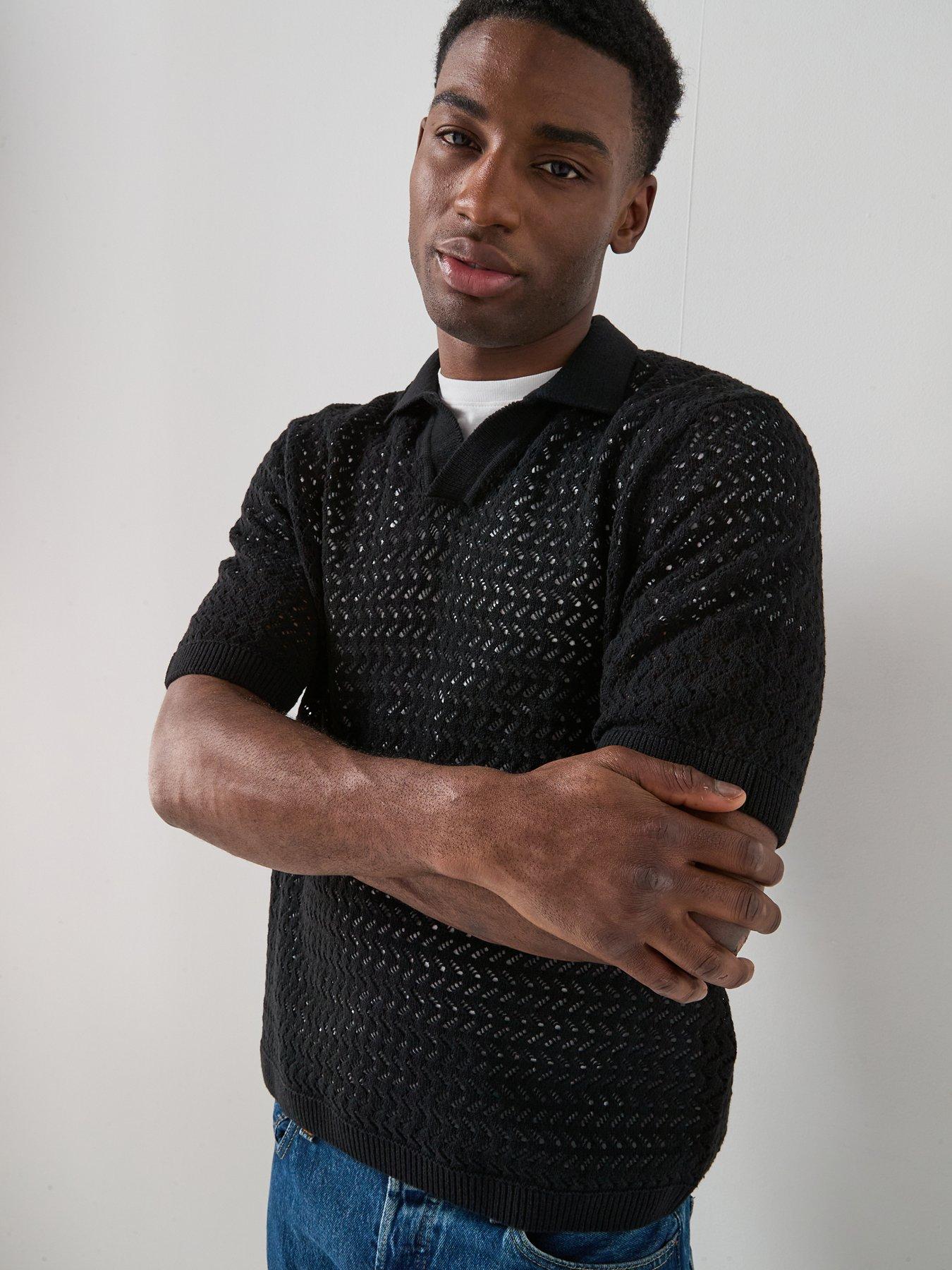 ONLY & SONS Nyle Life Short Sleeve Open Collar Knitted Polo Shirt, Black, Size Xl, Men