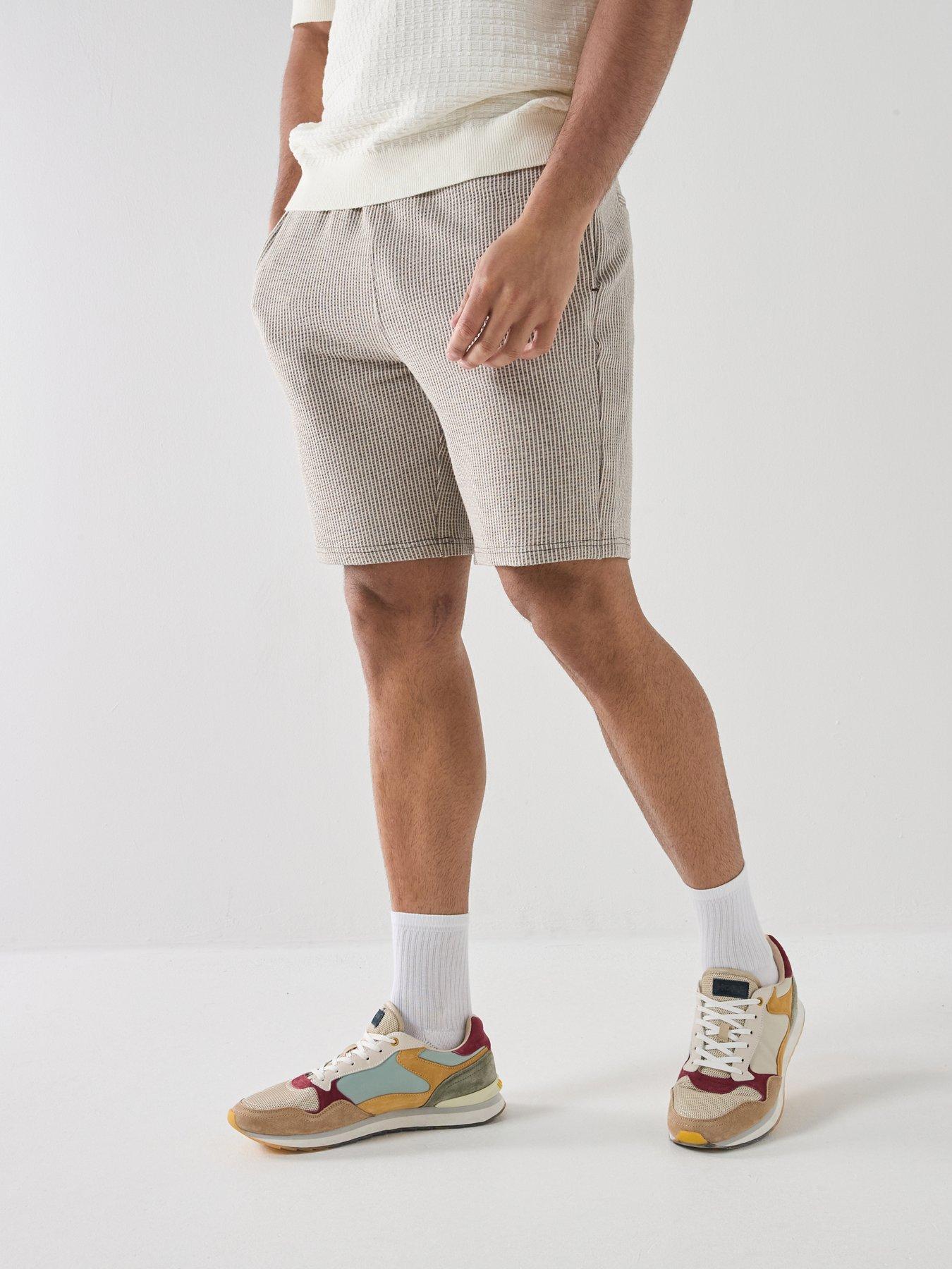 Image 1 of 6 of ONLY & SONS Kian Seersucker Stripe Short Sleeve Shorts - Brown