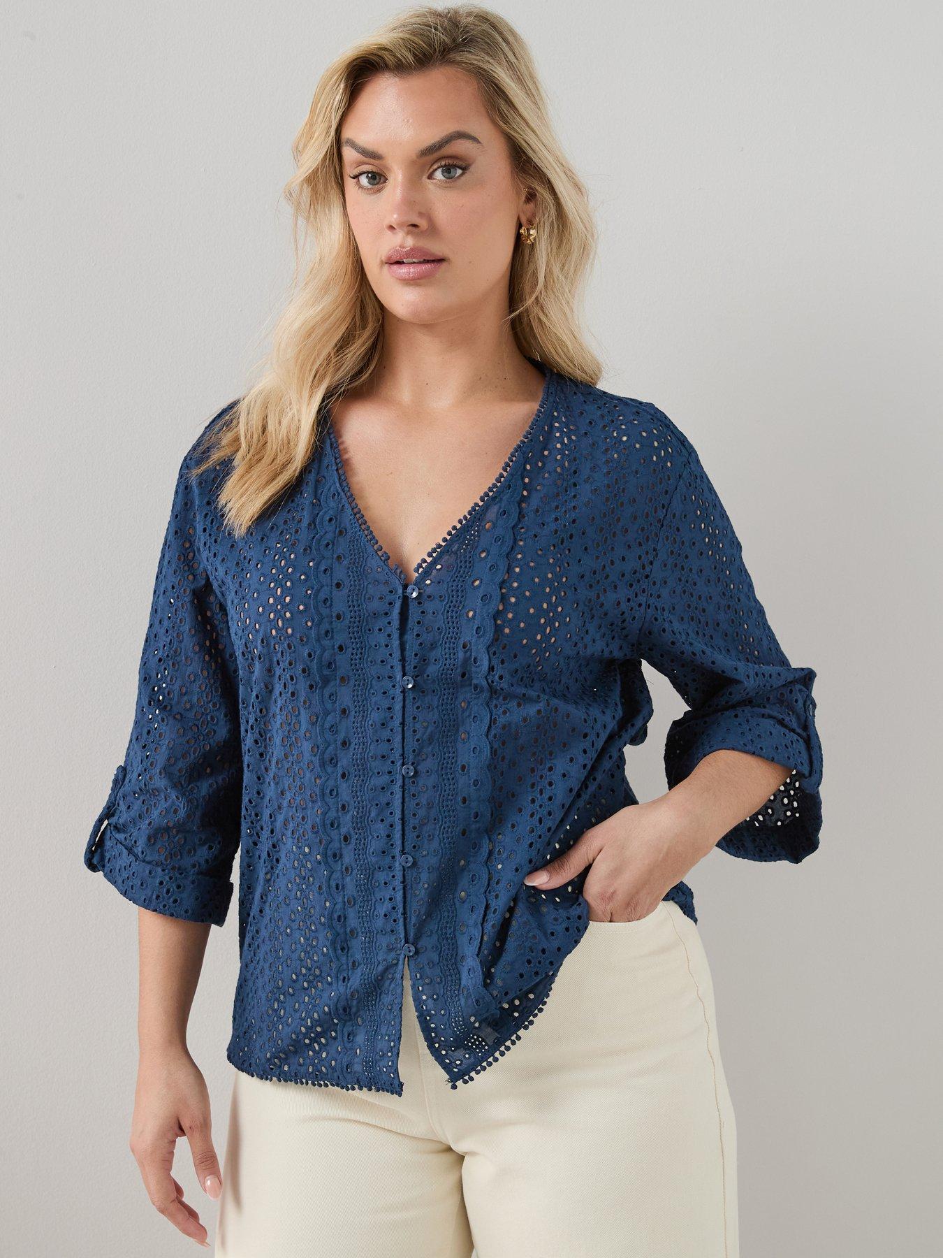 Image 1 of 6 of The Very Collection Curve Broderie V Neck Blouse - Navy