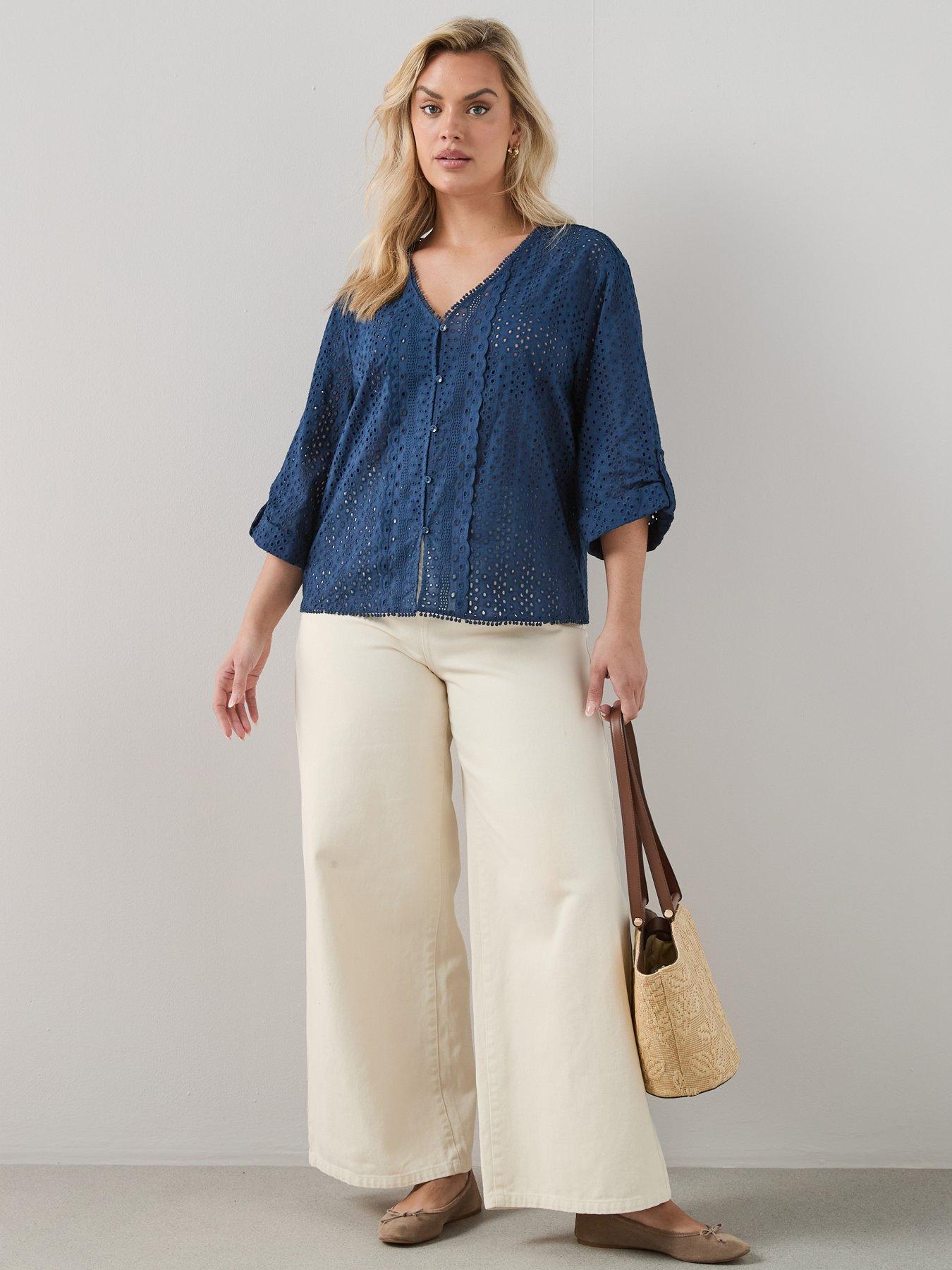 Image 3 of 6 of The Very Collection Curve Broderie V Neck Blouse - Navy