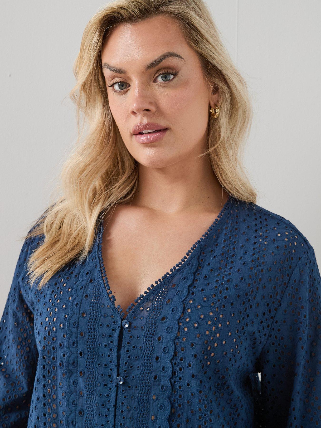 Image 4 of 6 of The Very Collection Curve Broderie V Neck Blouse - Navy