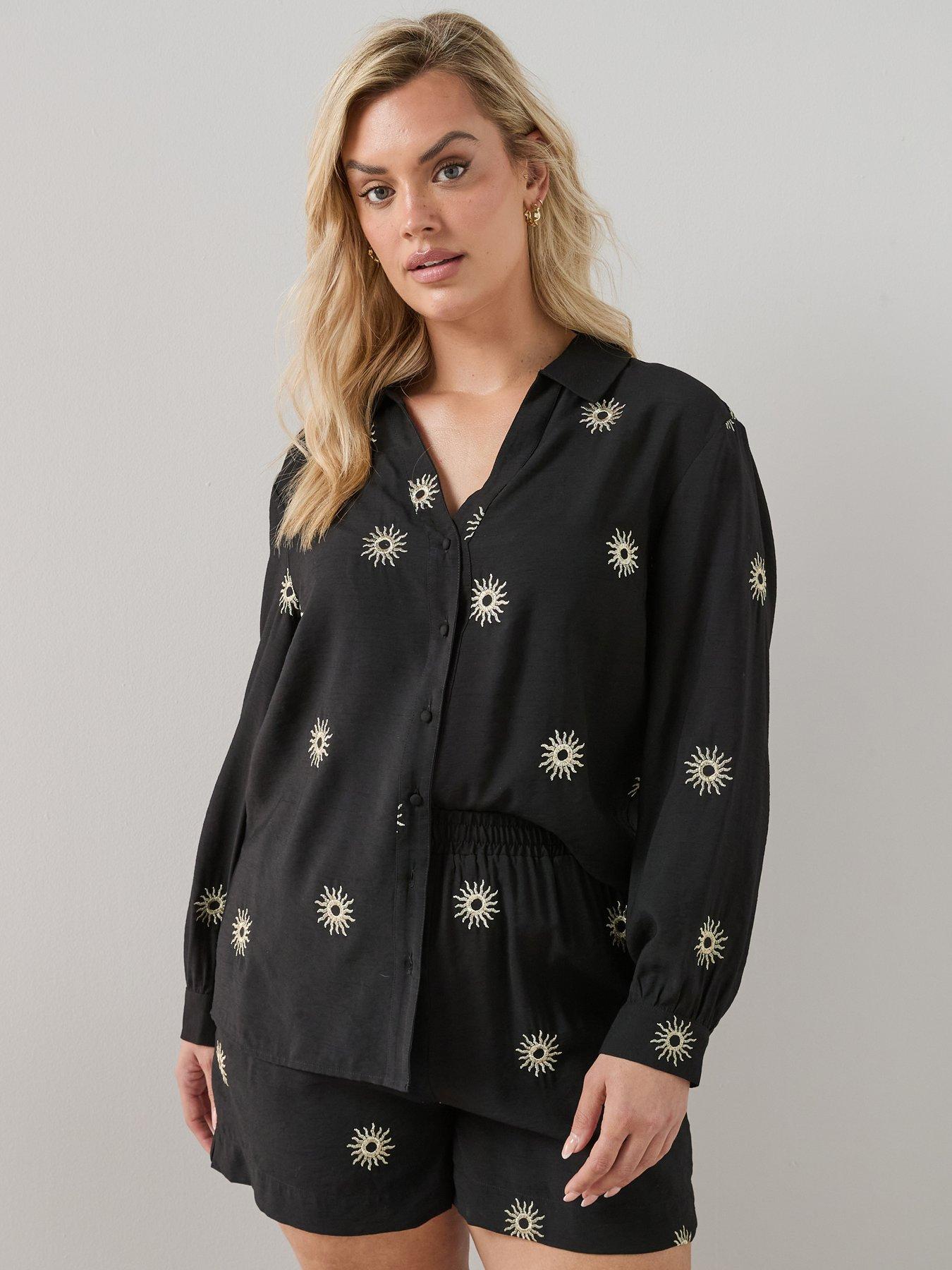 Image 1 of 6 of The Very Collection Curve Embroidered Sun Shirt Co-Ord - Black