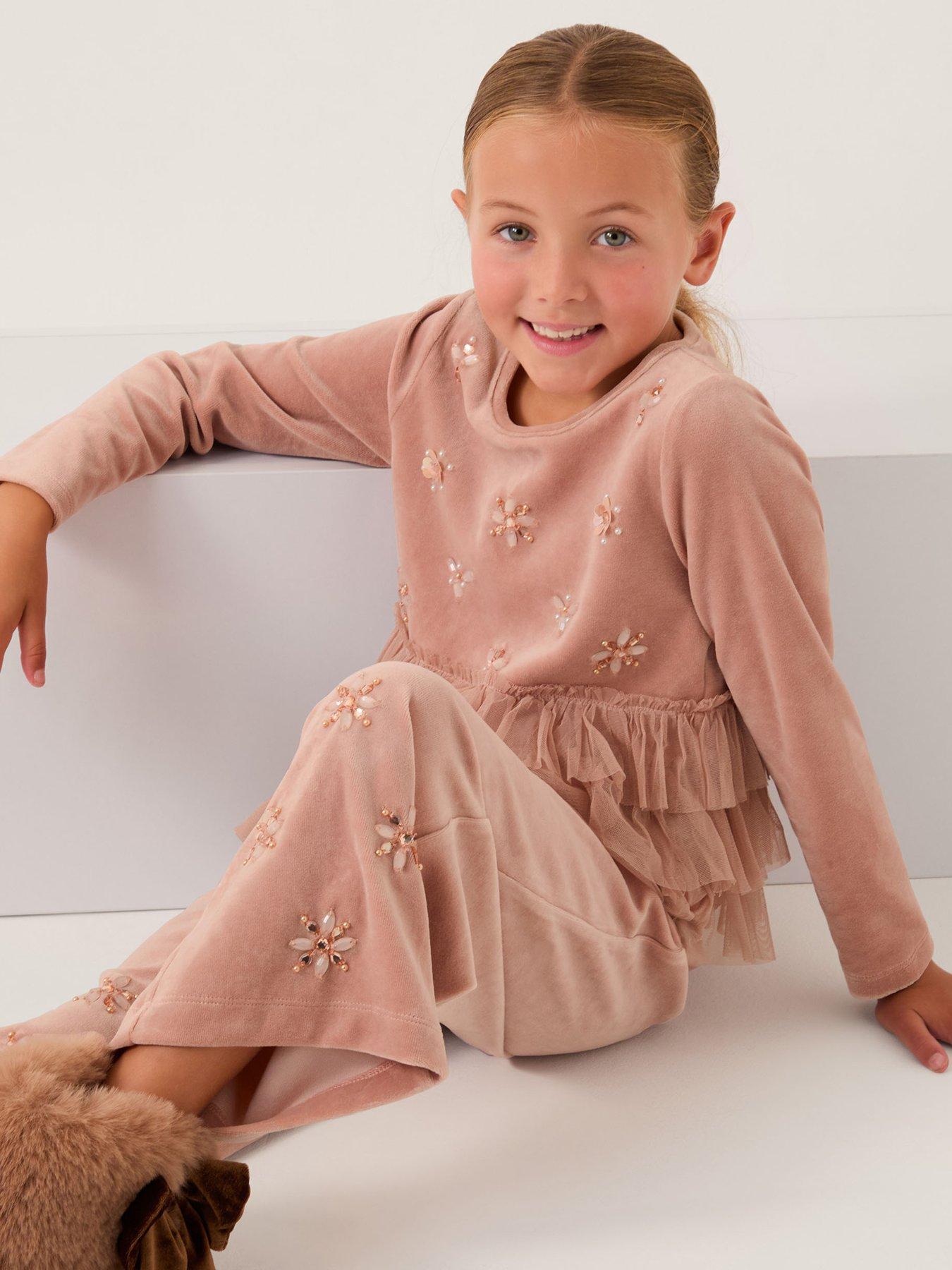 Monsoon Girls Velour Embroidered Mesh Tierred Top - Pink