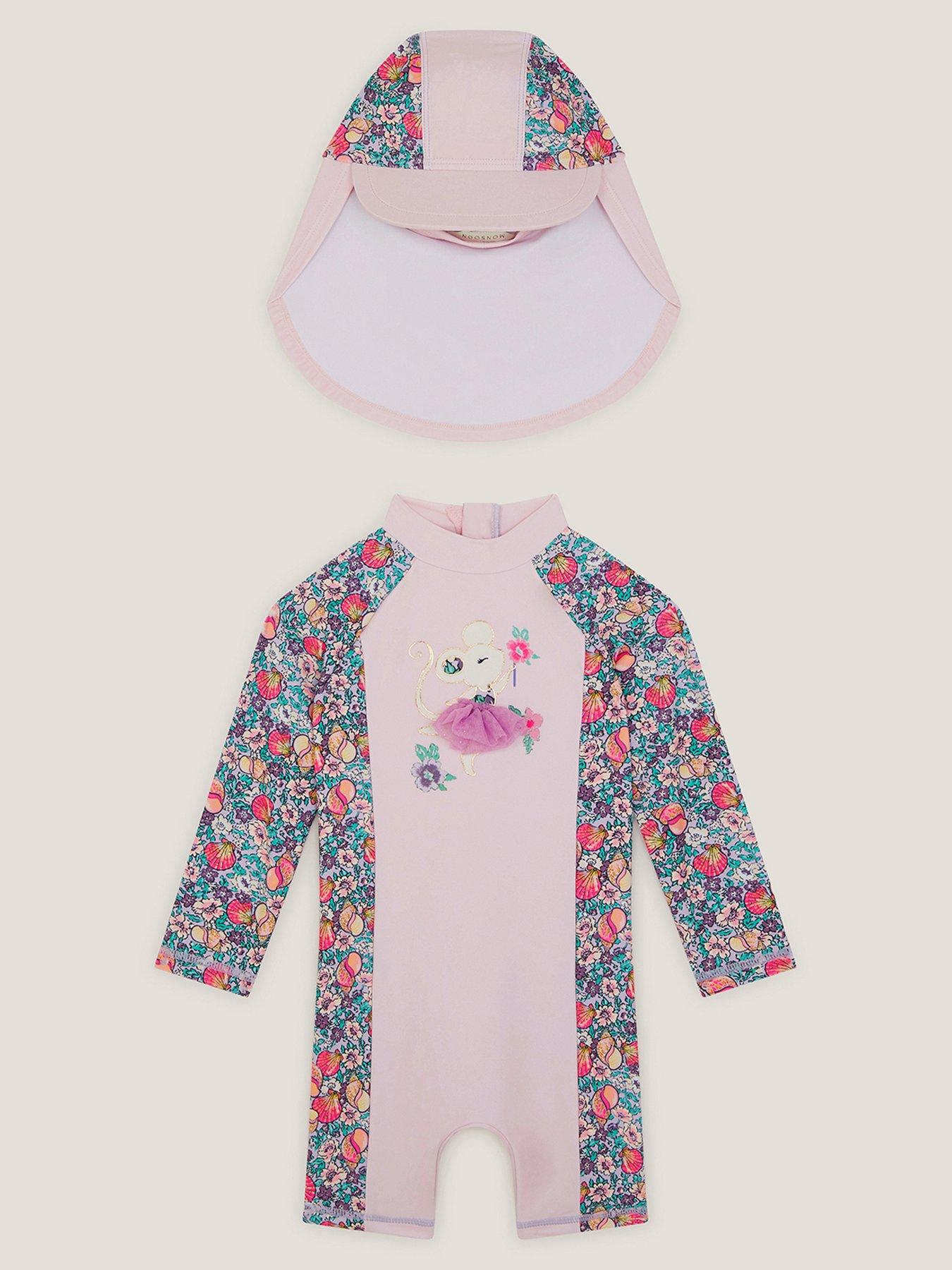 Monsoon Baby Girls 2 Piece Shell Print Upf Swimsuit & Hat- Pink