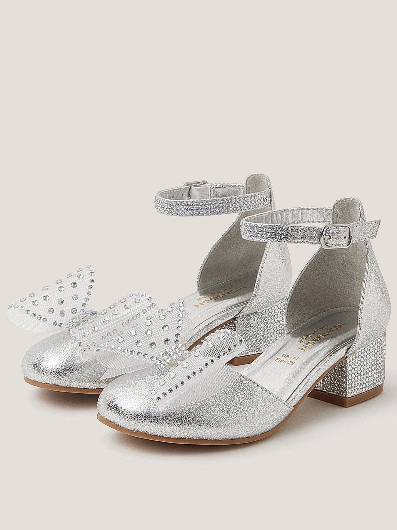 Monsoon Girls Diamante Bow Heel Shoes, Silver, Size 13 Younger