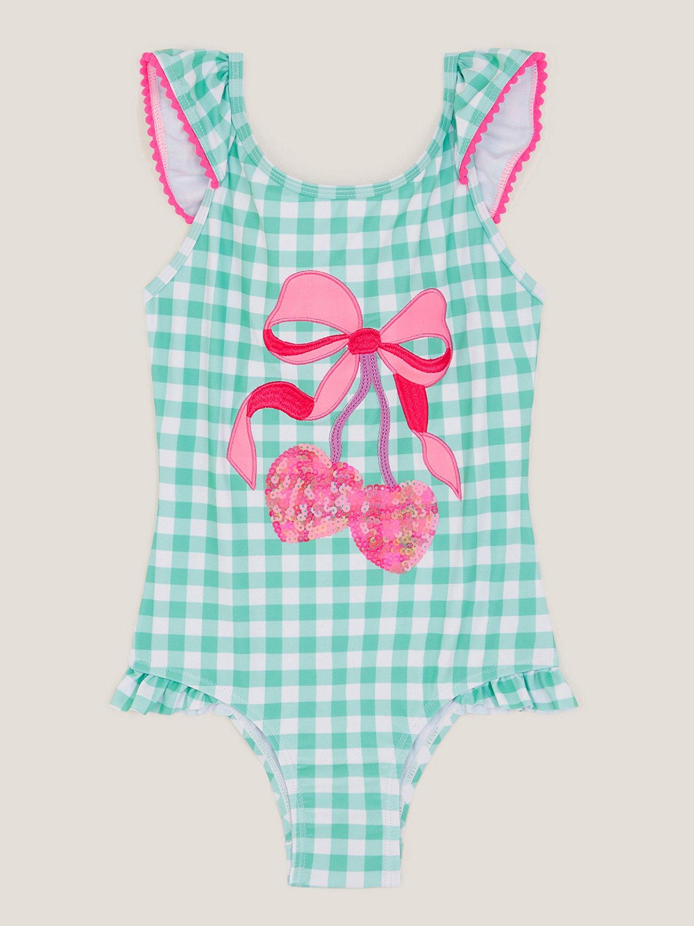 Monsoon Girls Sequin Cherry Gingham Swimsuit - Green
