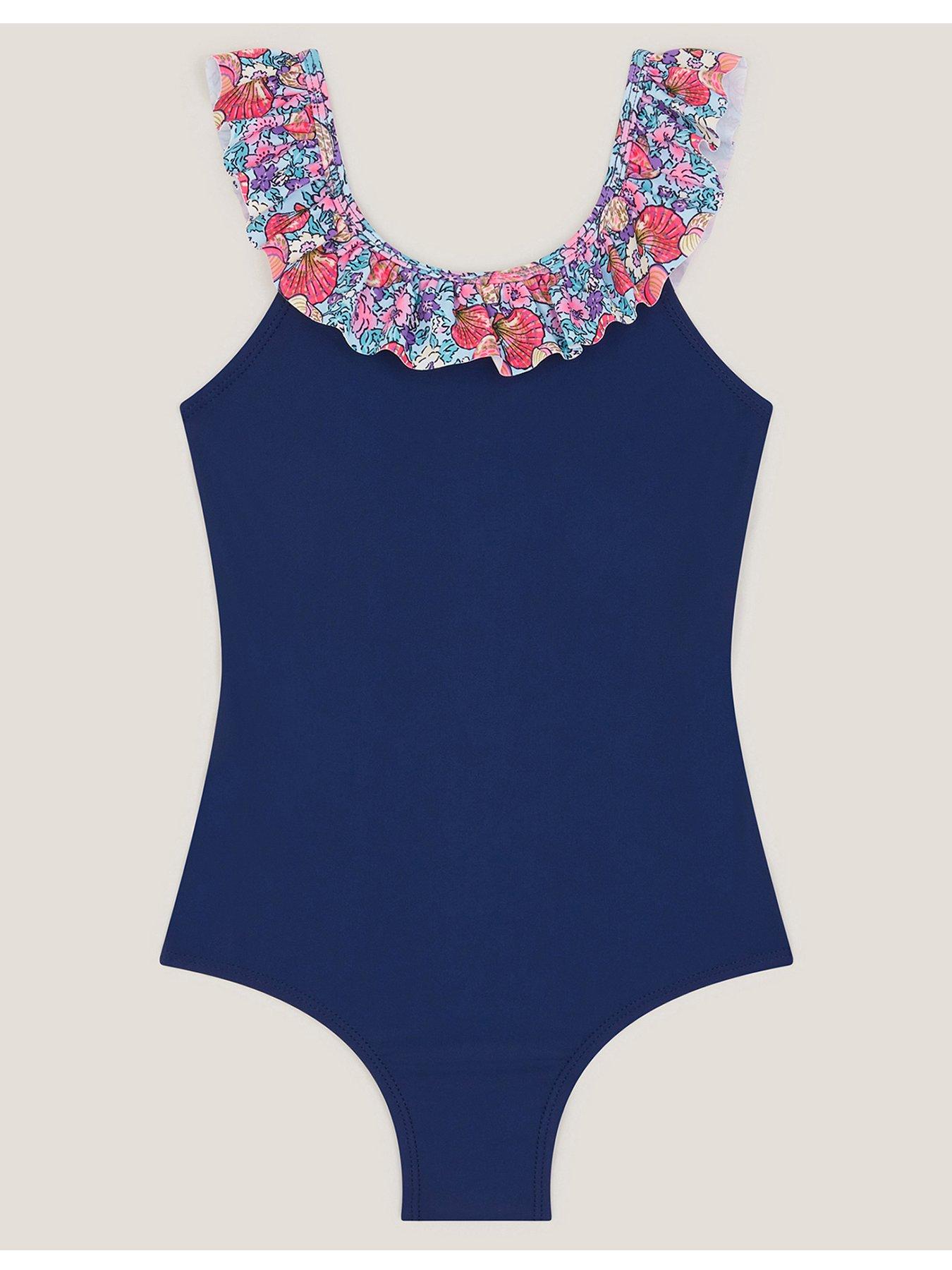 Monsoon Girls Solid Colour Ditsy Trim Swimsuit - Blue