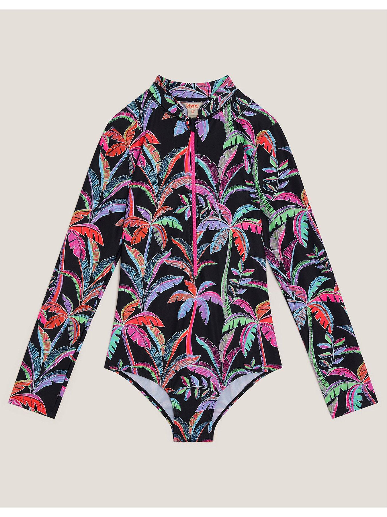 Monsoon Girls Storm Tropical Print Upf Swimsuit, Black, Size Age: 15 Years