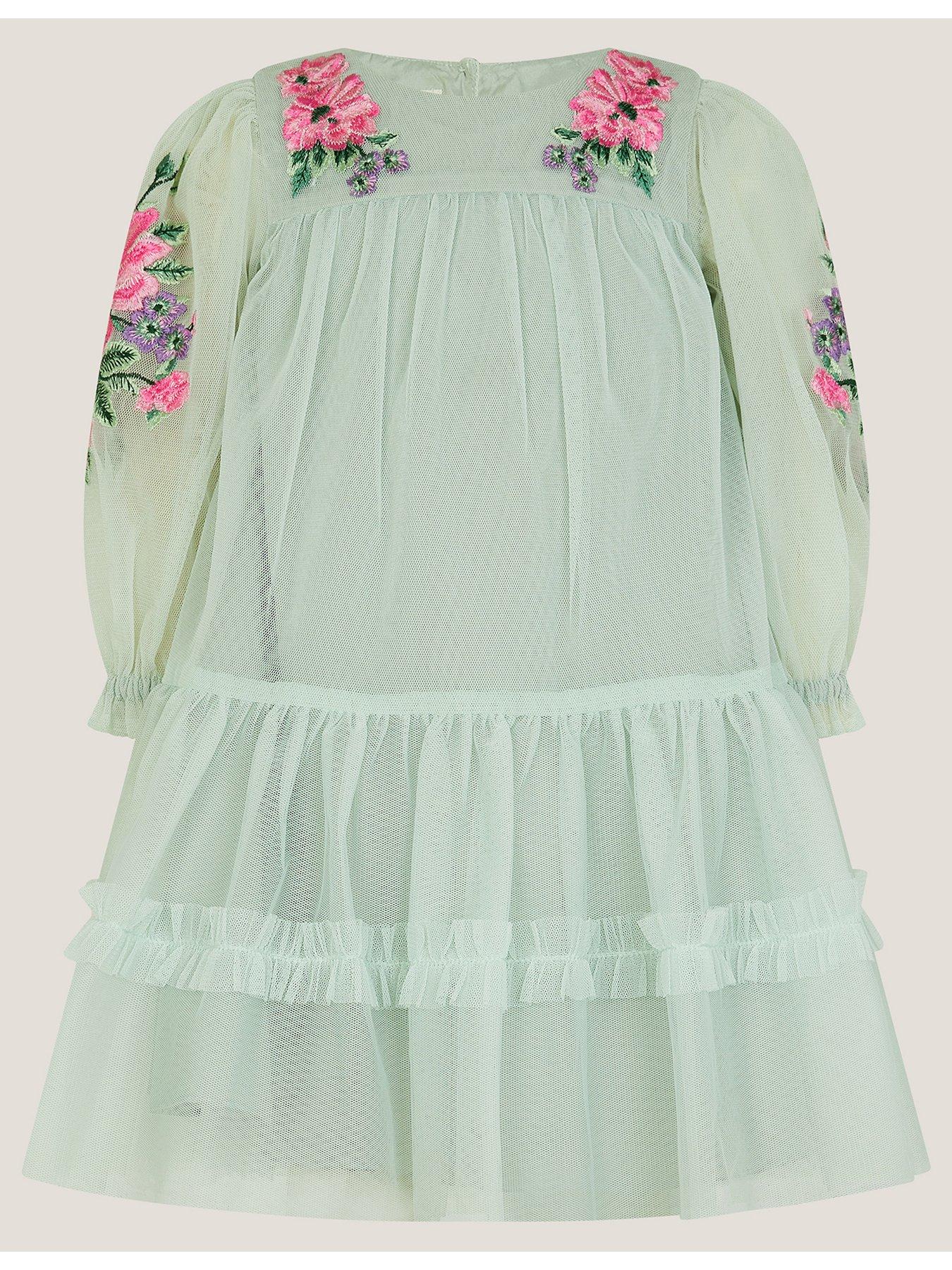 Monsoon Baby Girls Peony Embroidered Long Sleeve Swing Dress - Light Green