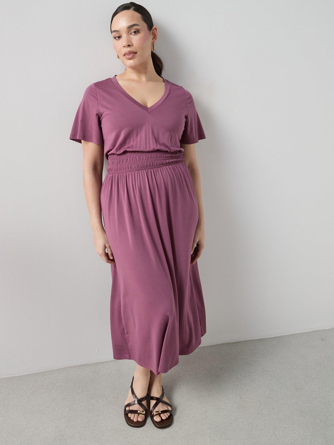 Image 1 of 6 of The Very Collection Curve Shirred Waist Stretch Short Sleeve Midi Dress - Pink